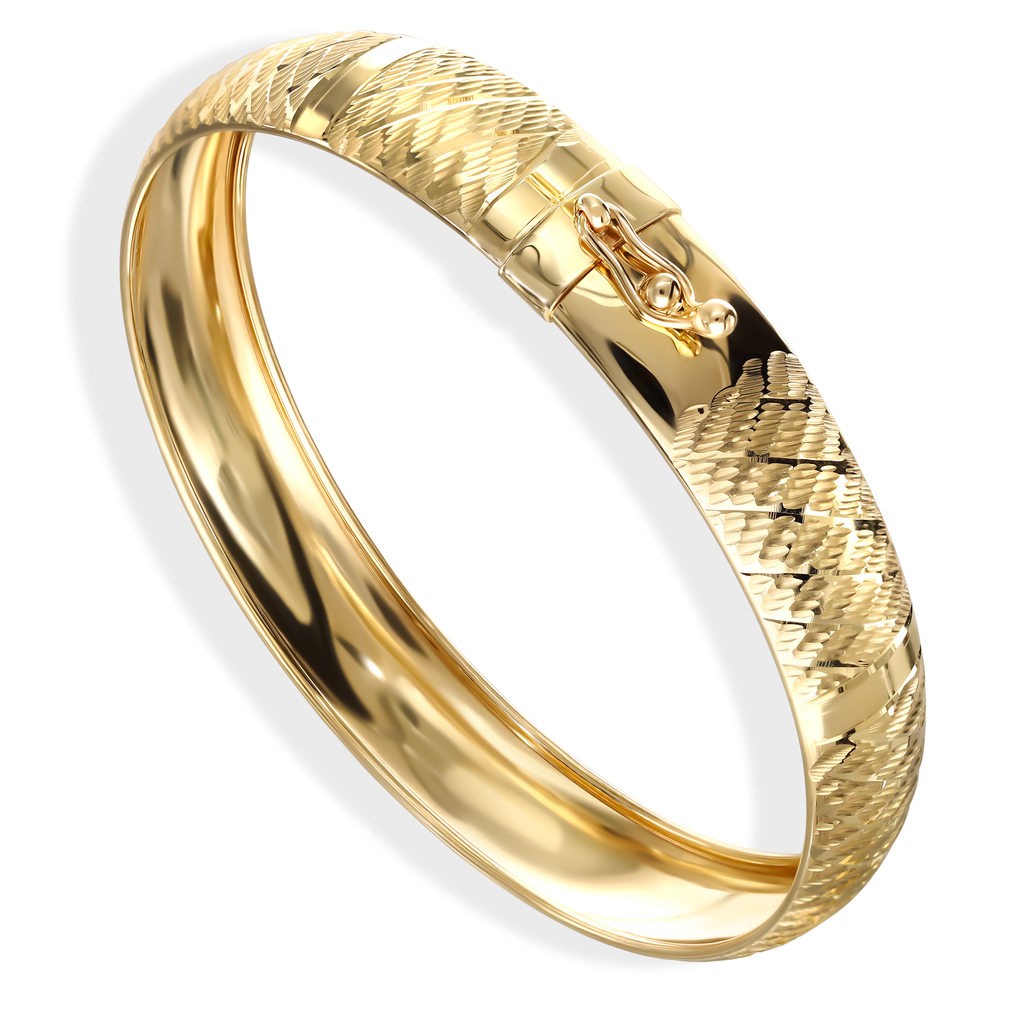 Złota bransoleta typu bangle szeroka z ozdobnym szlifowaniem, próba 585