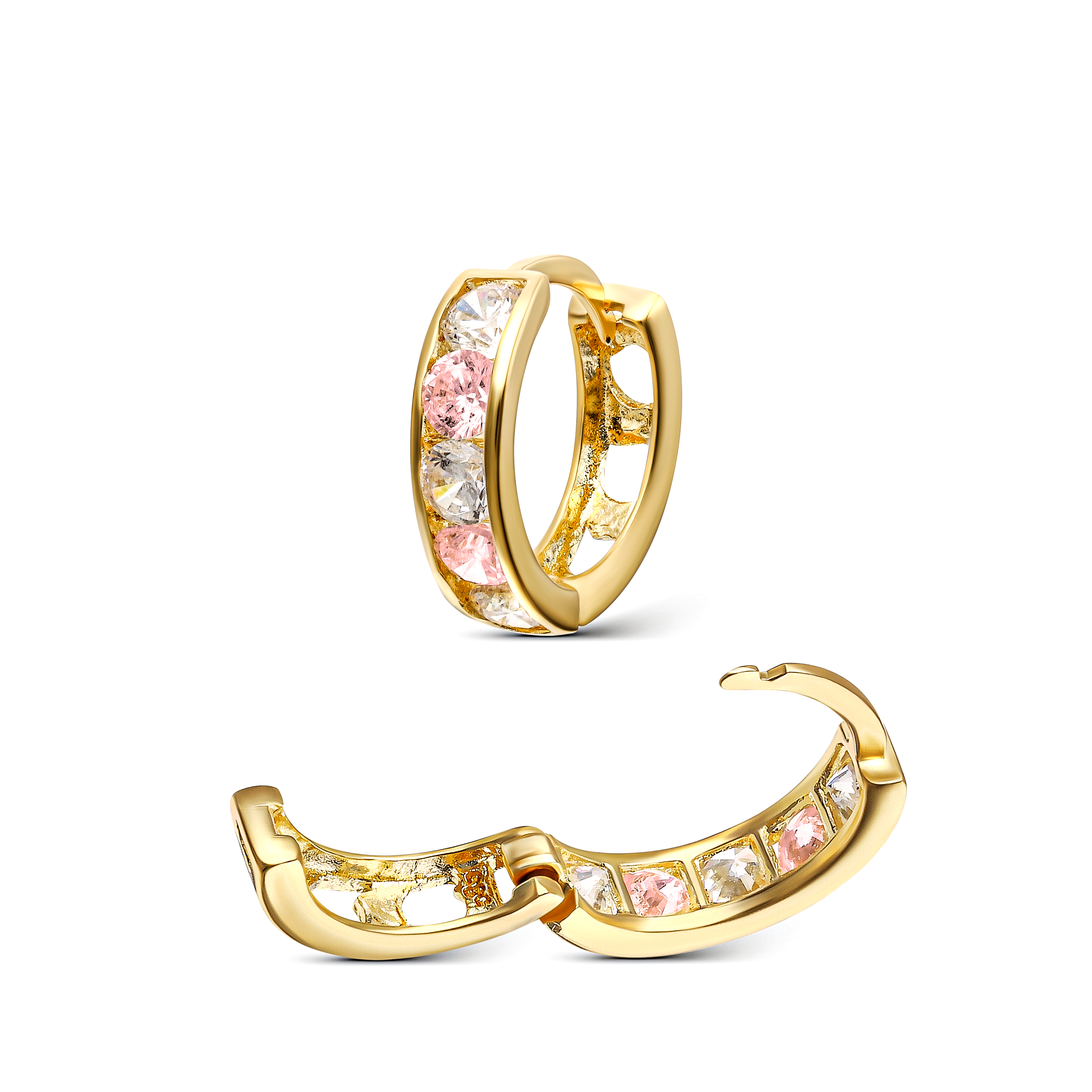 Kolczyki złote kółeczka z białymi i różowymi cyrkoniami, próba 585