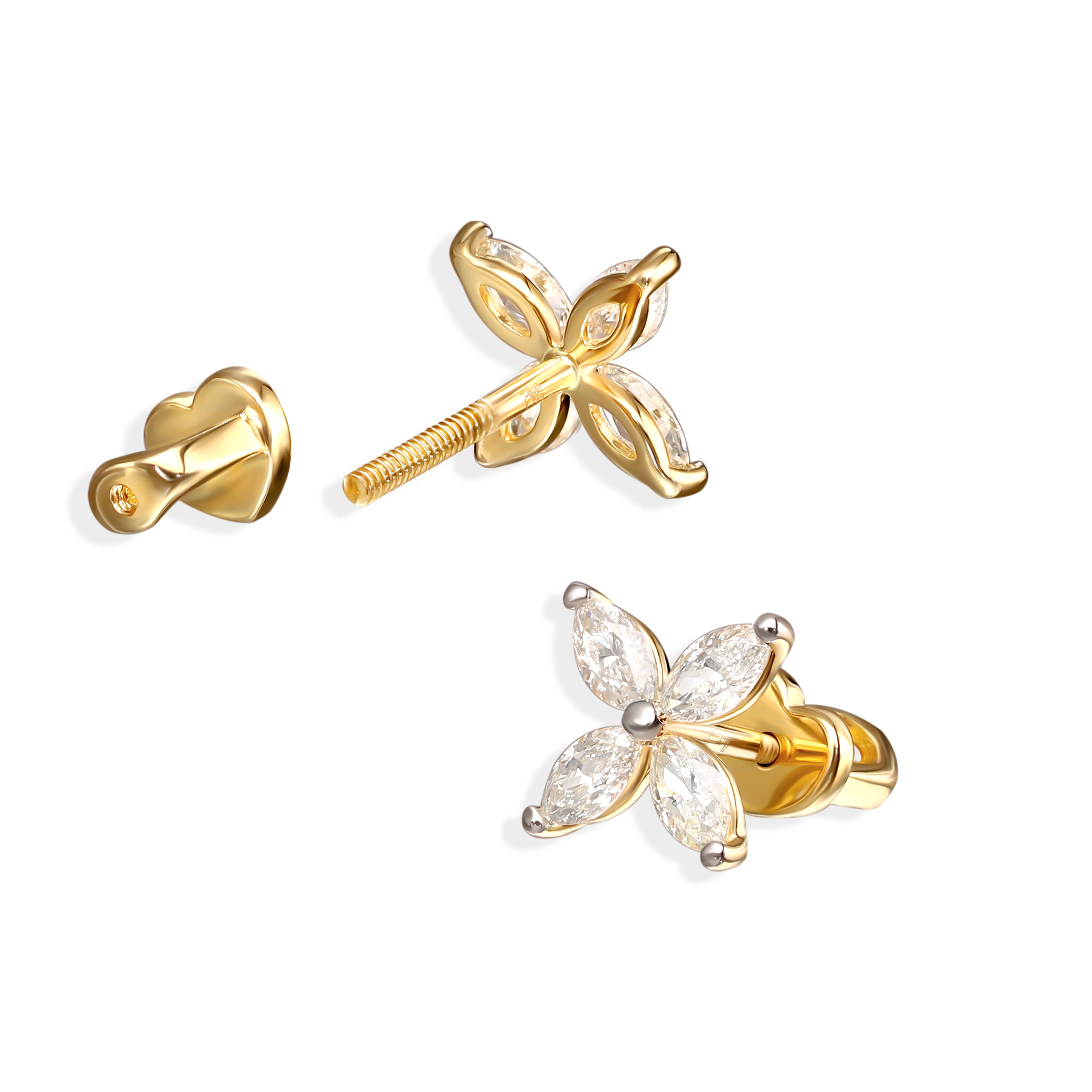 Kolczyki złote sztyfty w kształcie kwiatów z diamentami naturalnymi 0.90 ct, próba 585