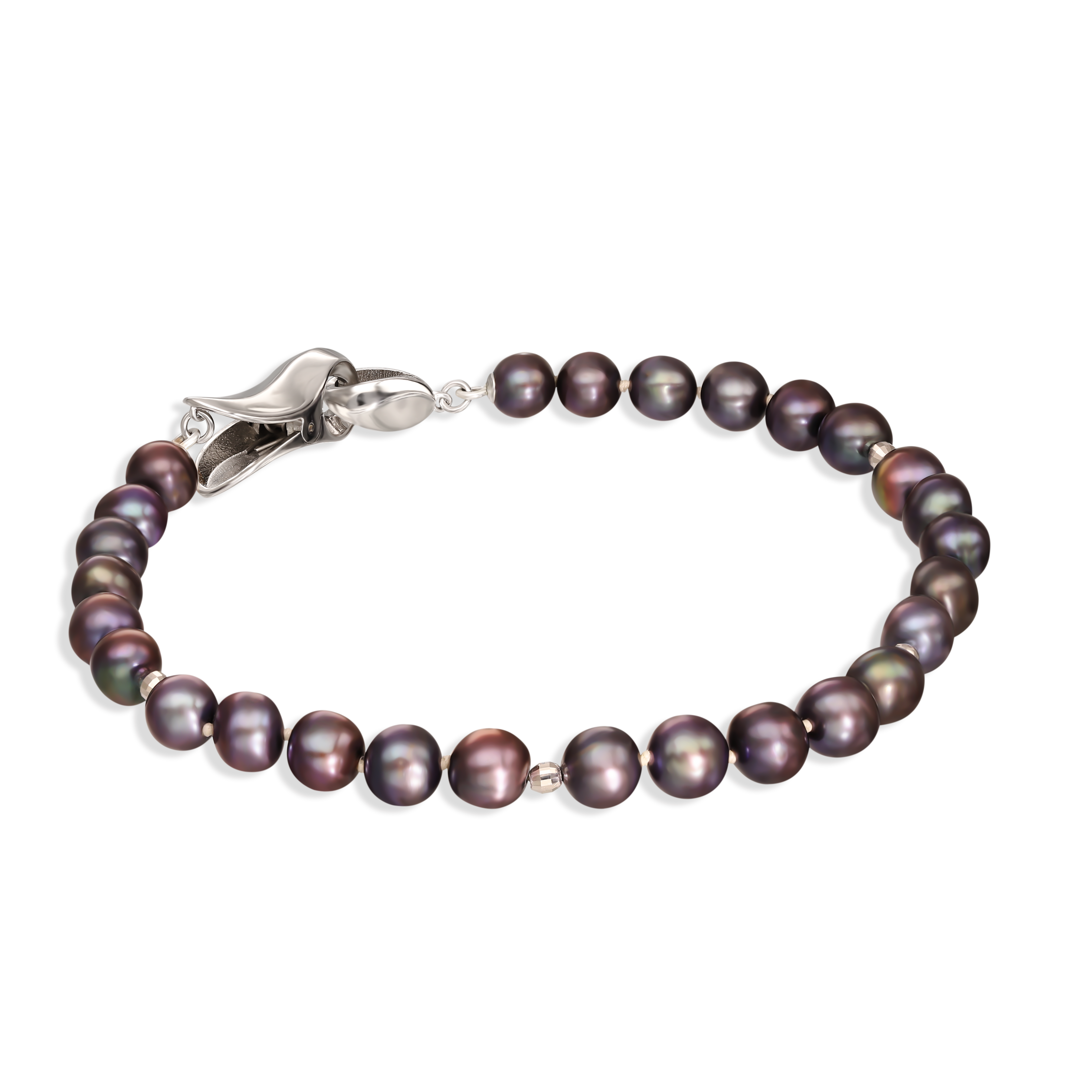 Bransoleta srebrna z ciemnych pereł hodowanych ze srebrnym zapięciem, próba 925