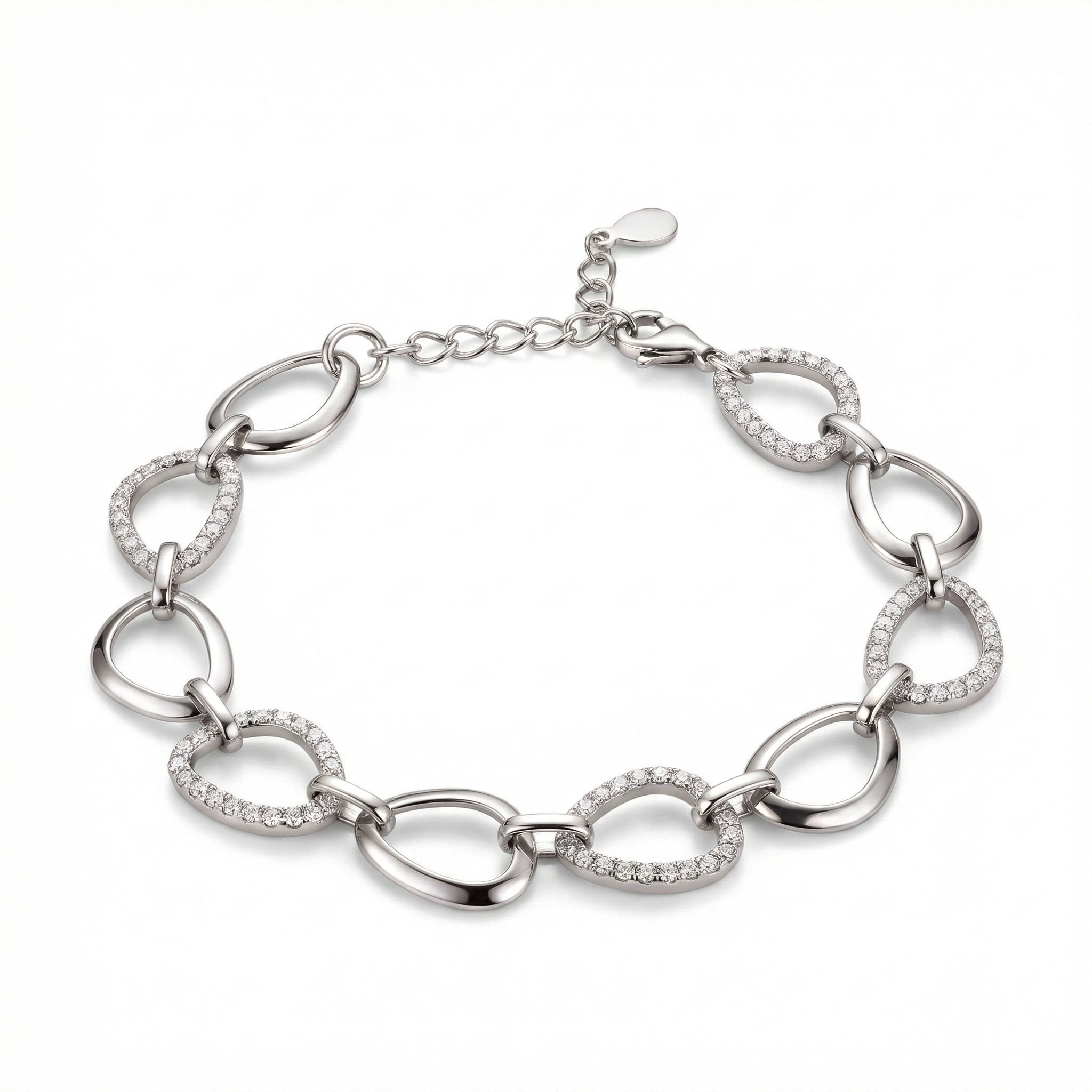 Srebrna bransoleta damska z cyrkoniami, duże ogniwa, próba 925