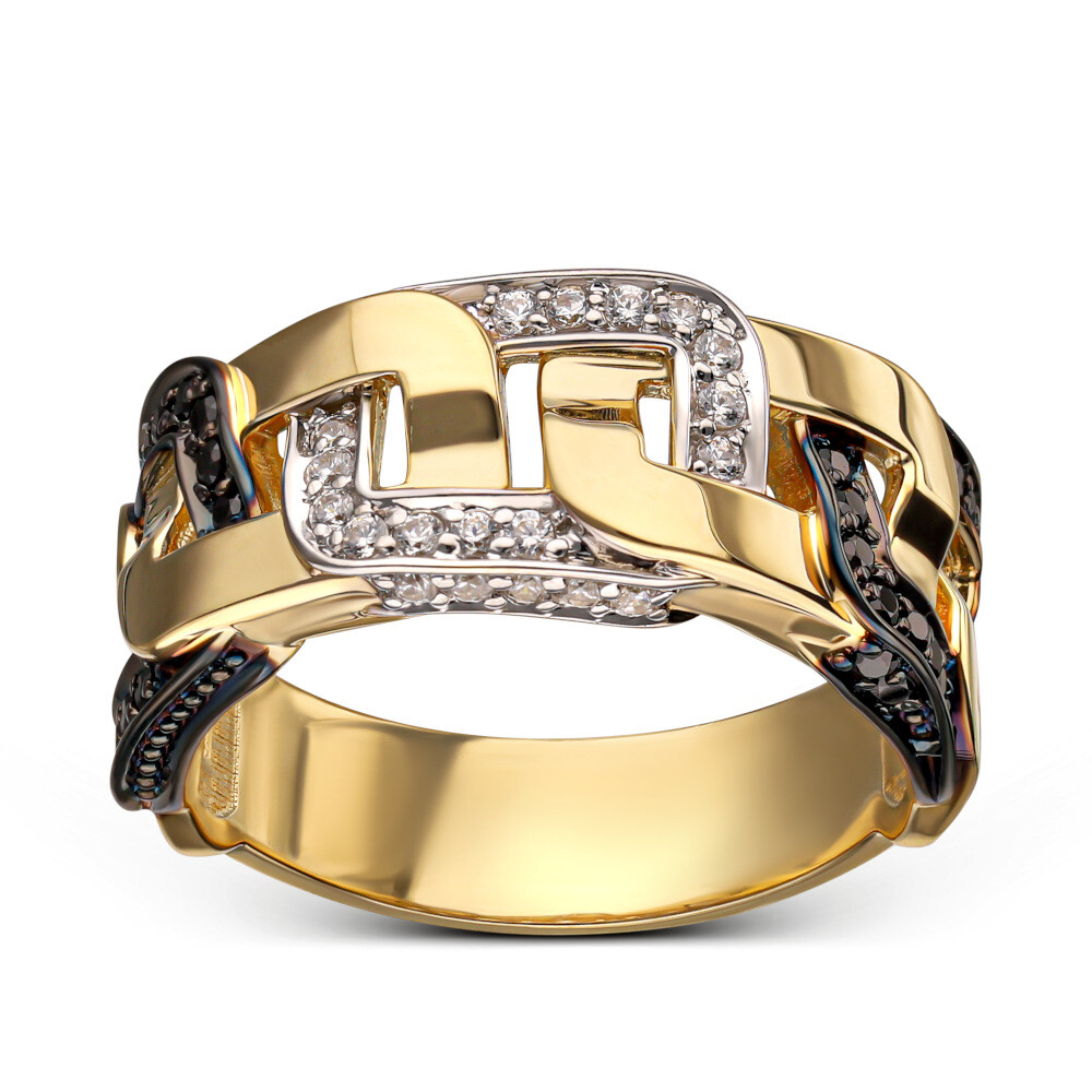 Szeroki pierścionek złoty z białymi i czarnymi cyrkoniami, rozmiar 18,5, próba 585