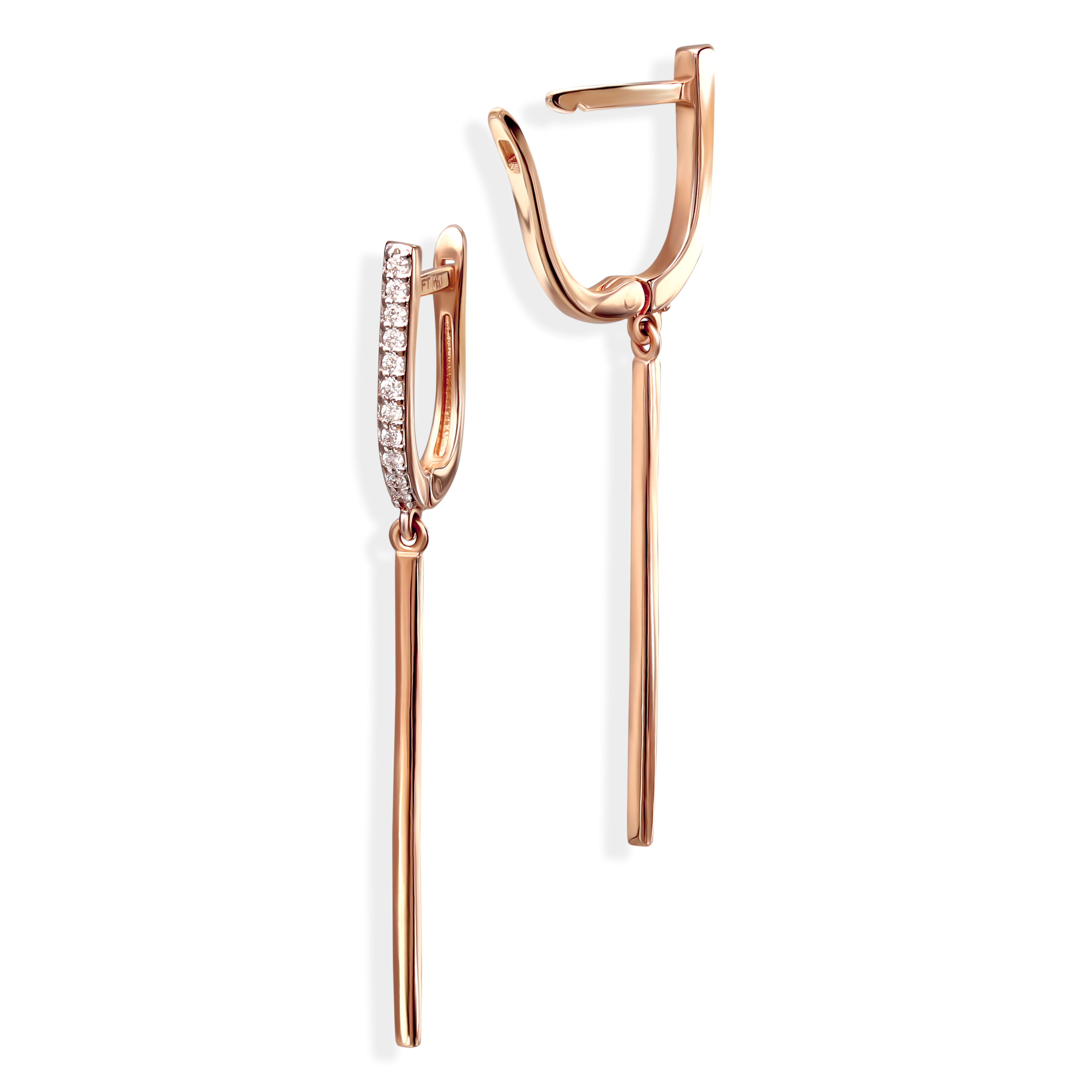 Kolczyki patyczki z różowego złota z diamentami naturalnymi 0.13 ct, próba 585