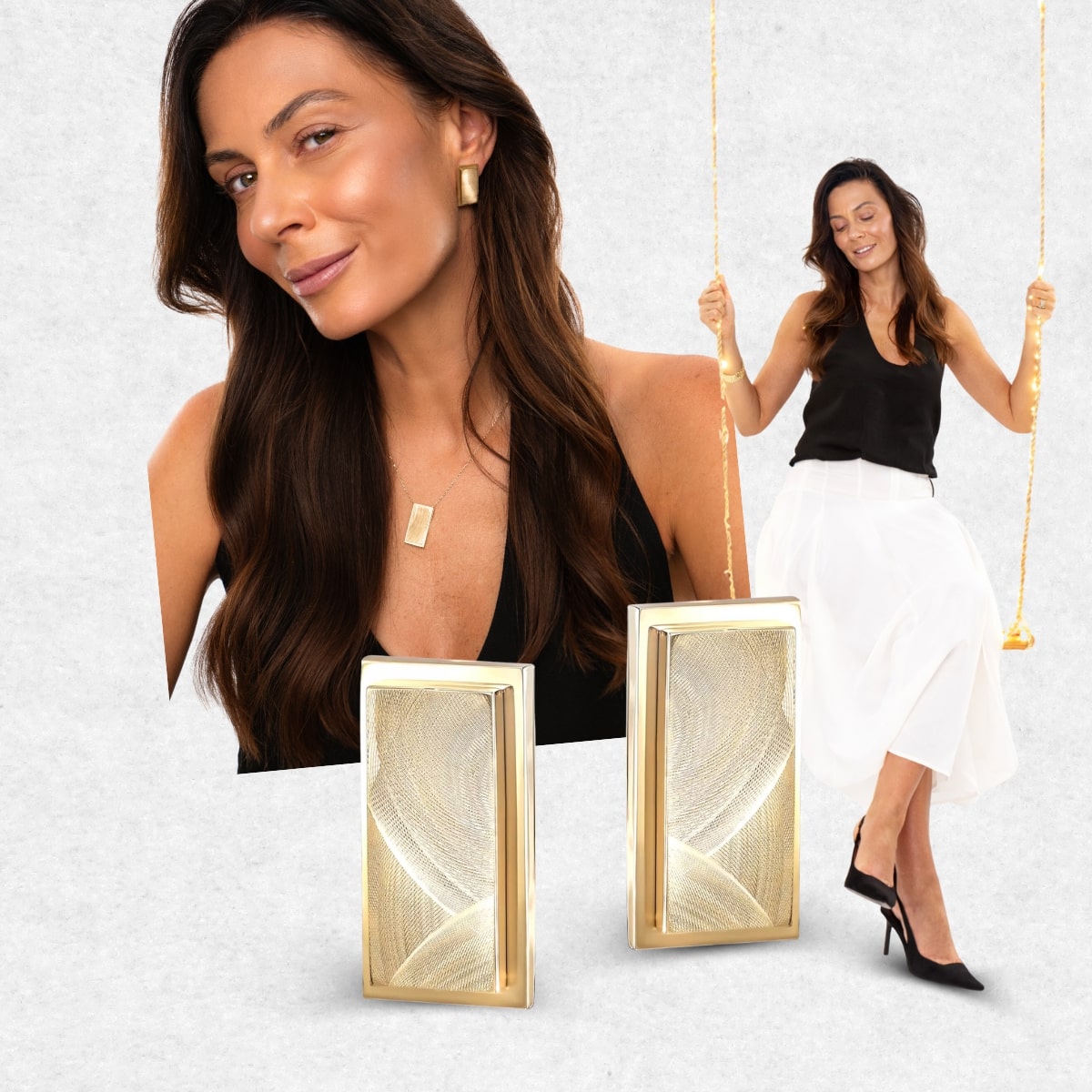 Kolaż złotej biżuterii kobieta w kolczykach naszyjnik