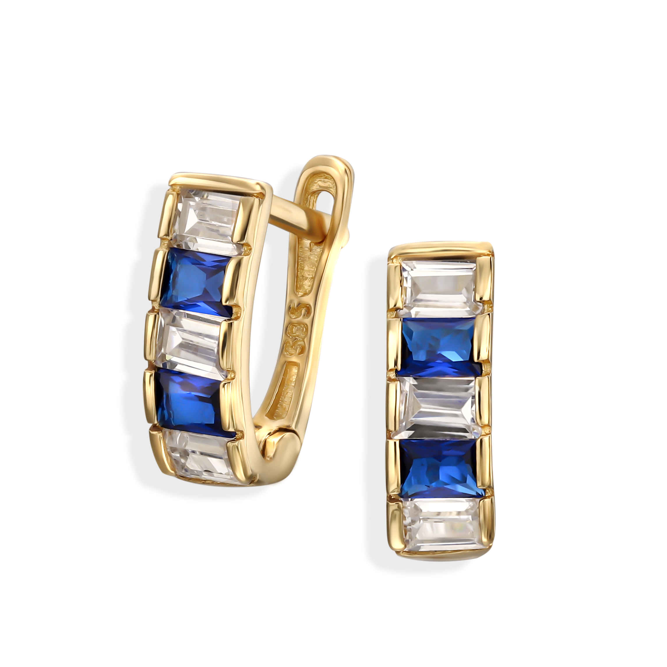 Kolczyki złote dziecięce przecinki z prostokątnymi biało-niebieskimi cyrkoniami, próba 585 Kolczyki złote dziecięce przecinki z prostokątnymi biało-niebieskimi cyrkoniami, próba 585