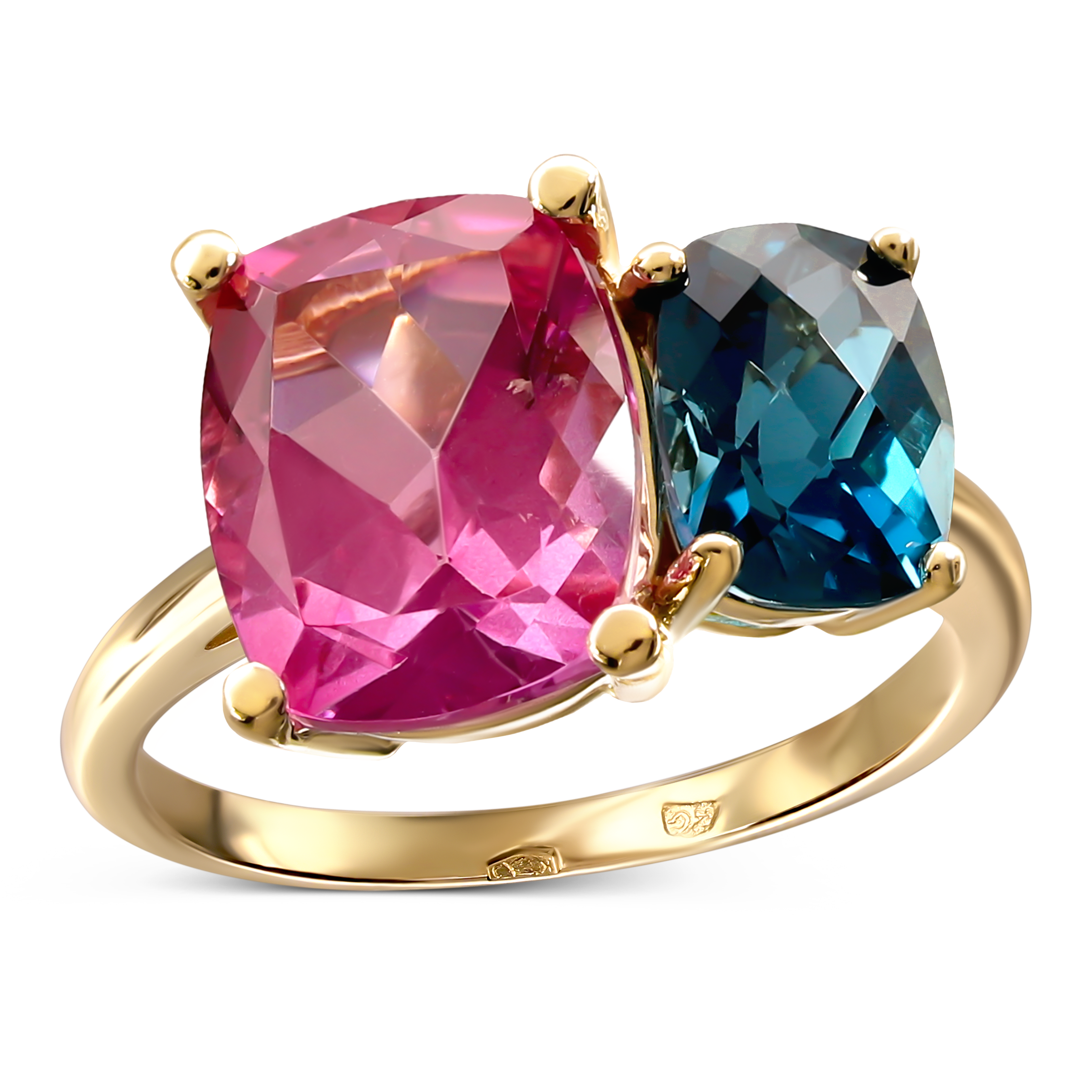 Pierścionek złoty z Pink Topazem 4.55 ct i Topazem London Blue 1.85 ct, próba 585