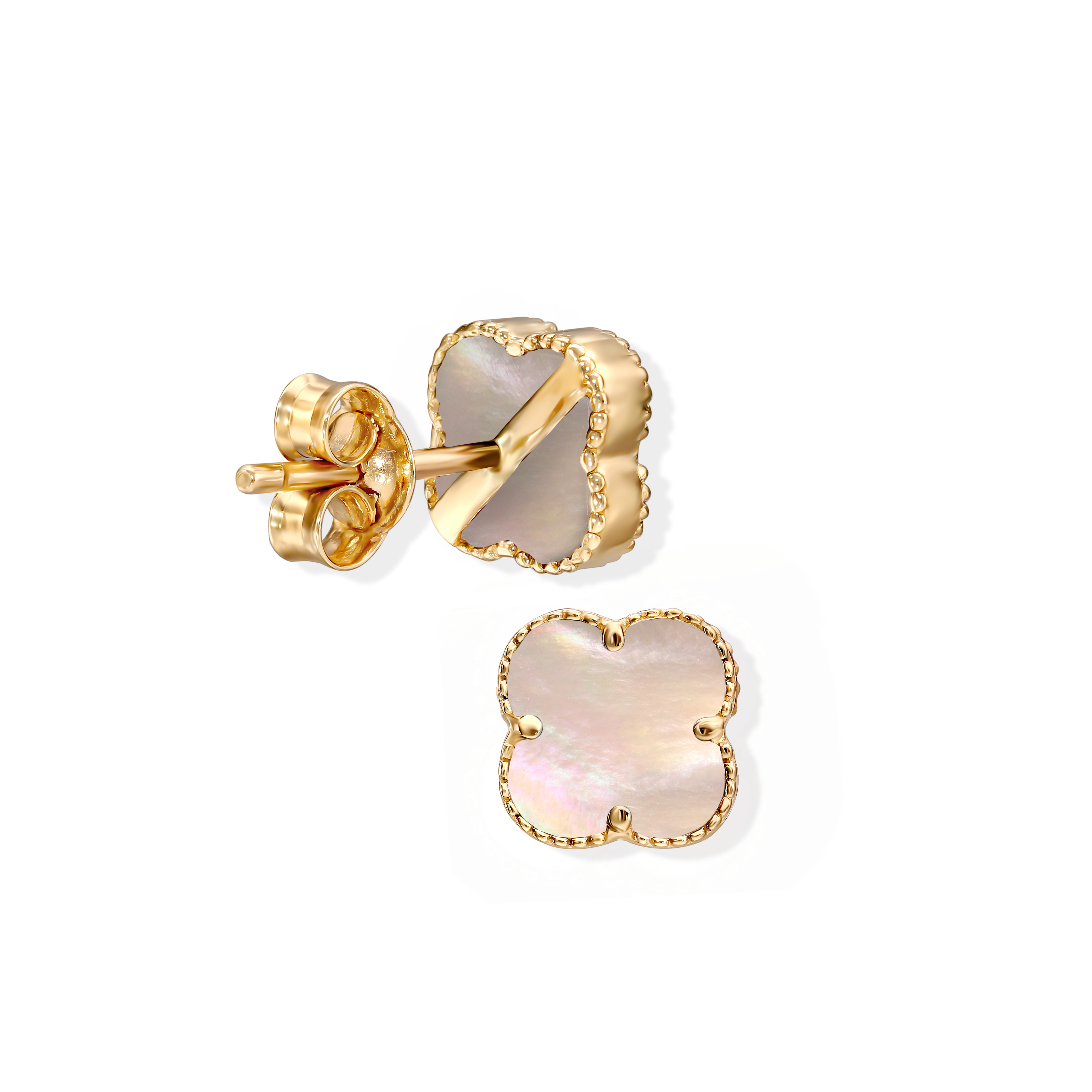 Kolczyki złote koniczynki na sztyfcie z masą perłową, próba 585