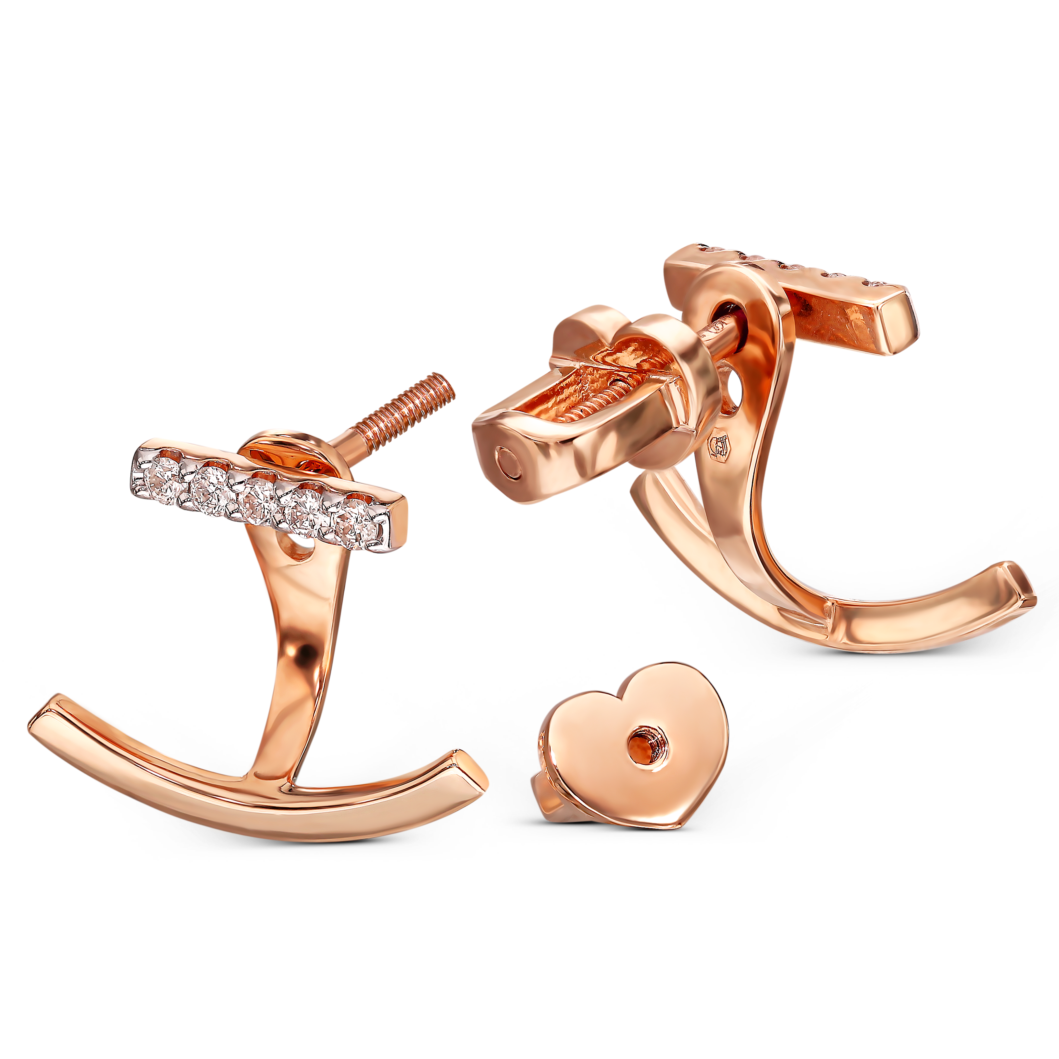 Nietypowe kolczyki z różowego złota sztyfty z diamentami naturalnymi, próba 585