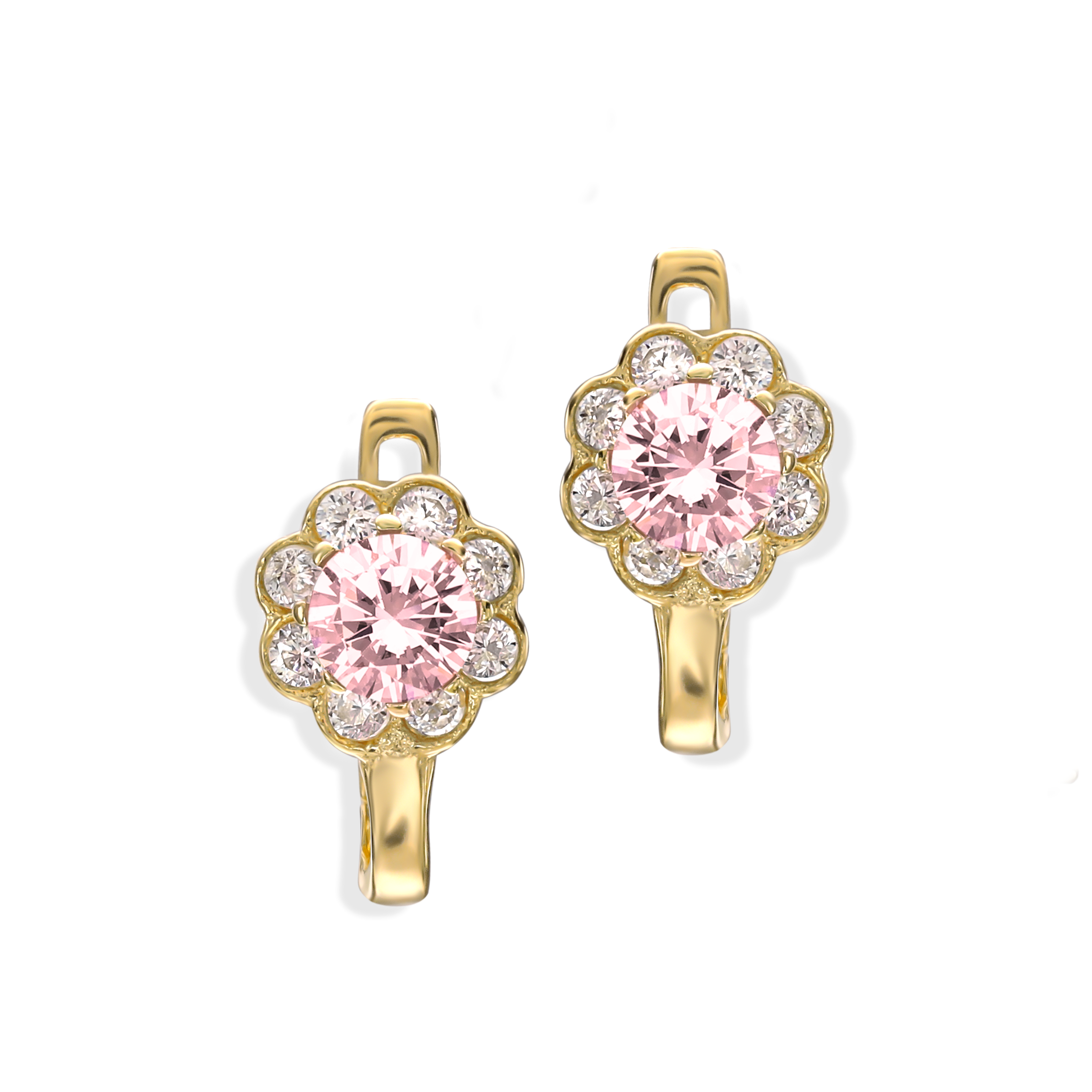 Kolczyki złote dla dziewczynki z biało-różowymi cyrkoniami, próba 585