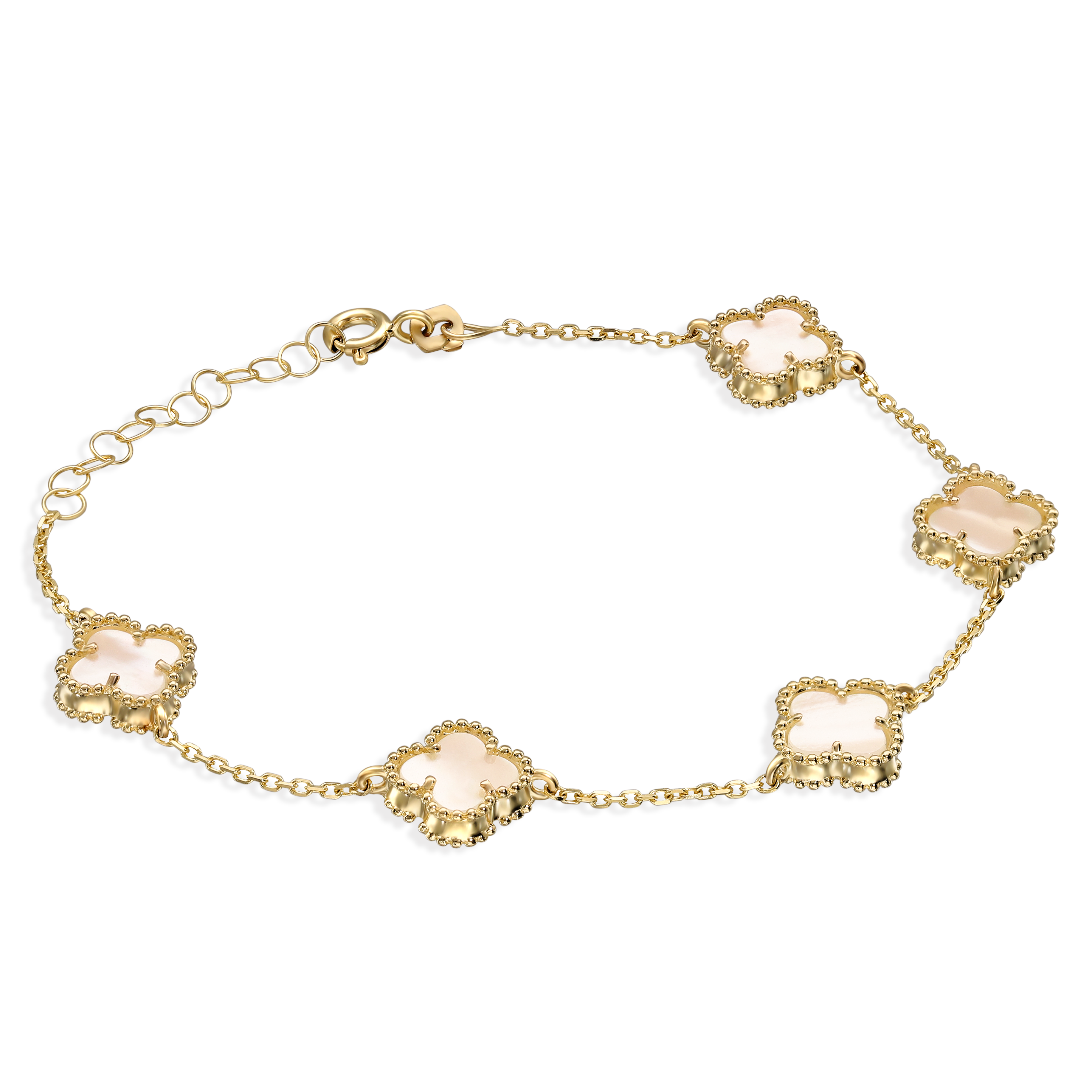 Bransoleta damska złota z koniczynkami z masą perłową, próba 585