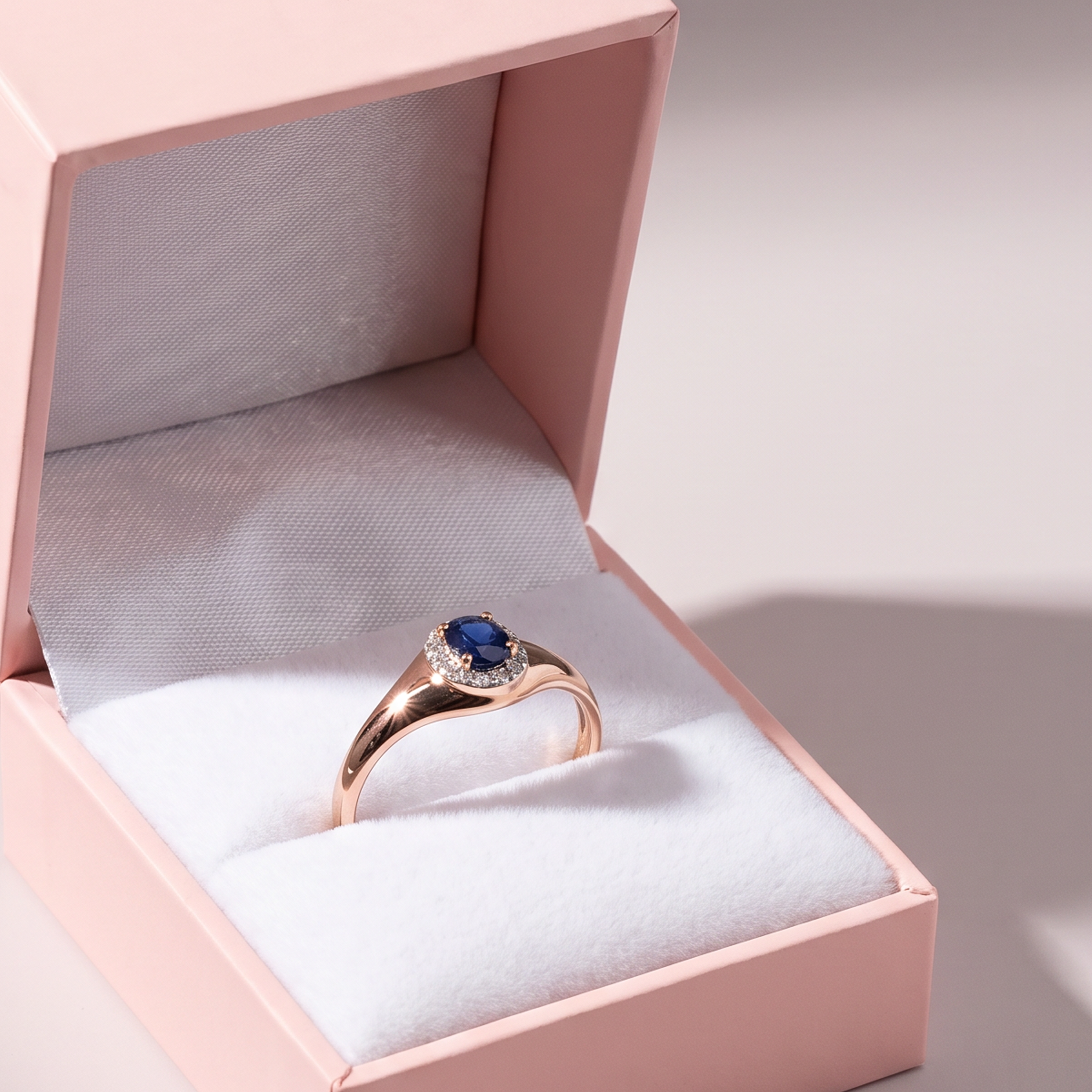 Elegancki pierścionek z różowego złota z szafirem i diamentami naturalnymi, próba 585