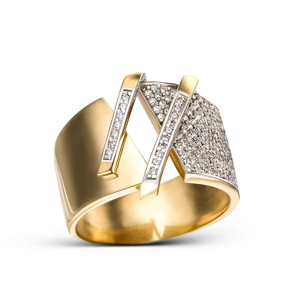 Luksusowy szeroki pierścionek złoty z białymi cyrkoniami, rozmiar 22, próba 585
