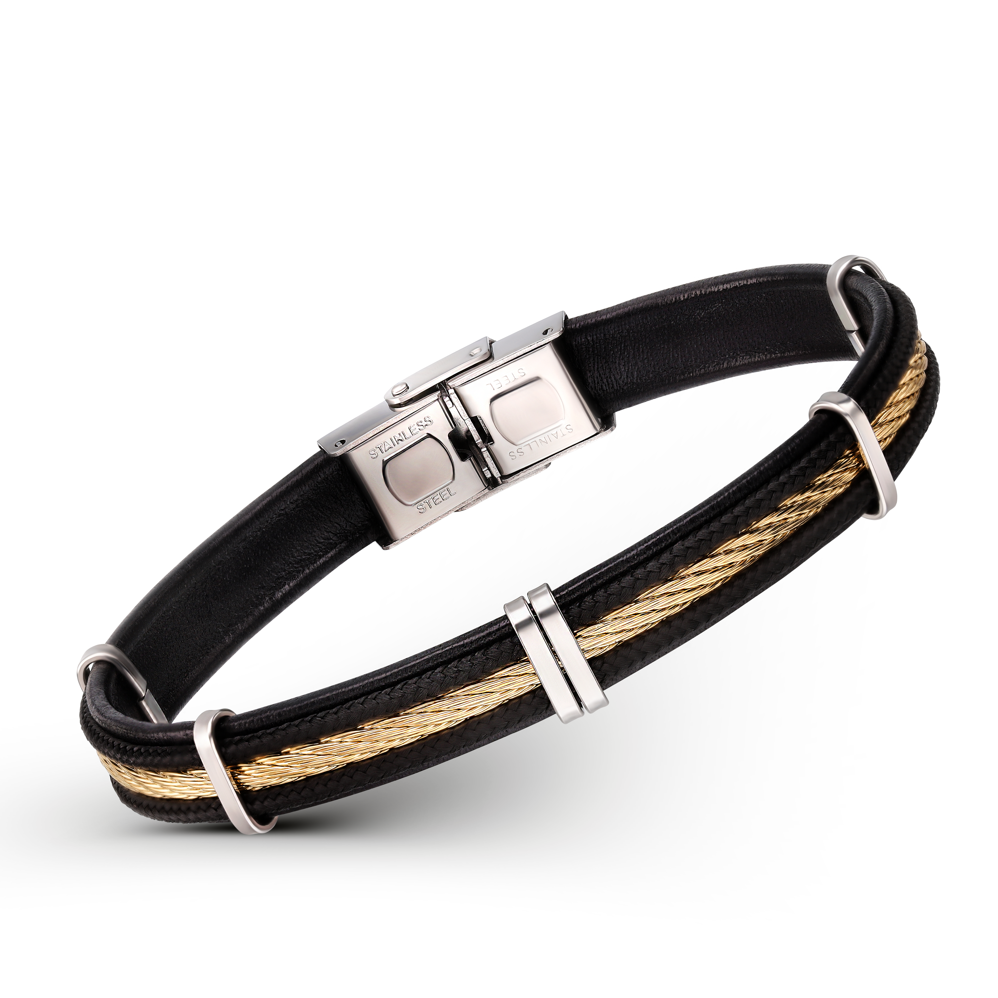 Bransoletka męska skórzana czarna z pozłacaną stalową linką