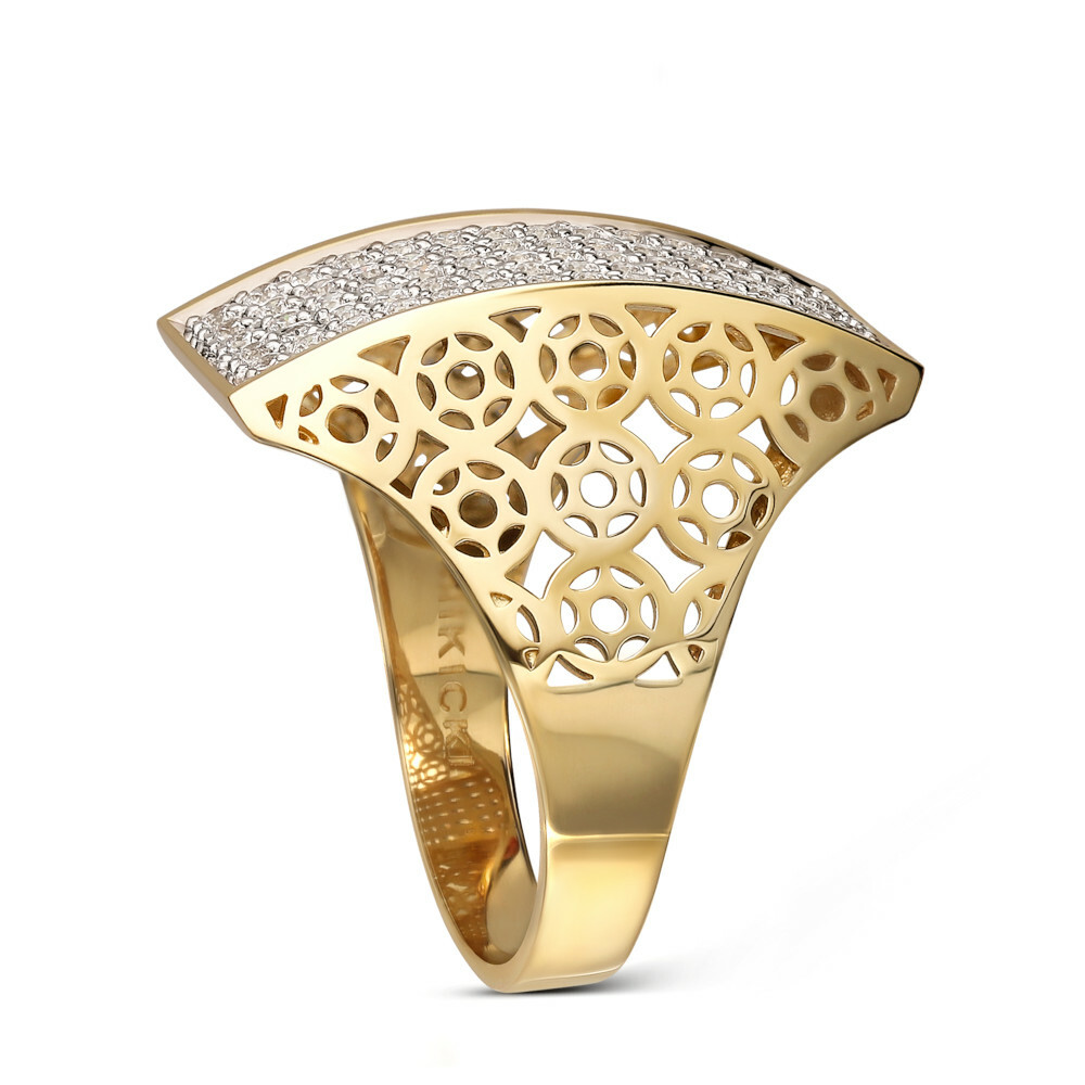 Modernistyczny pierścionek złoty z białymi cyrkoniami, próba 585