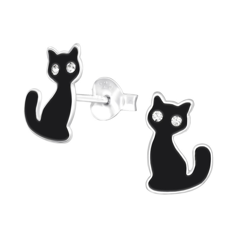 Kolczyki srebrne dla dziewczynki czarne kotki, zapięcie na sztyft, próba 925