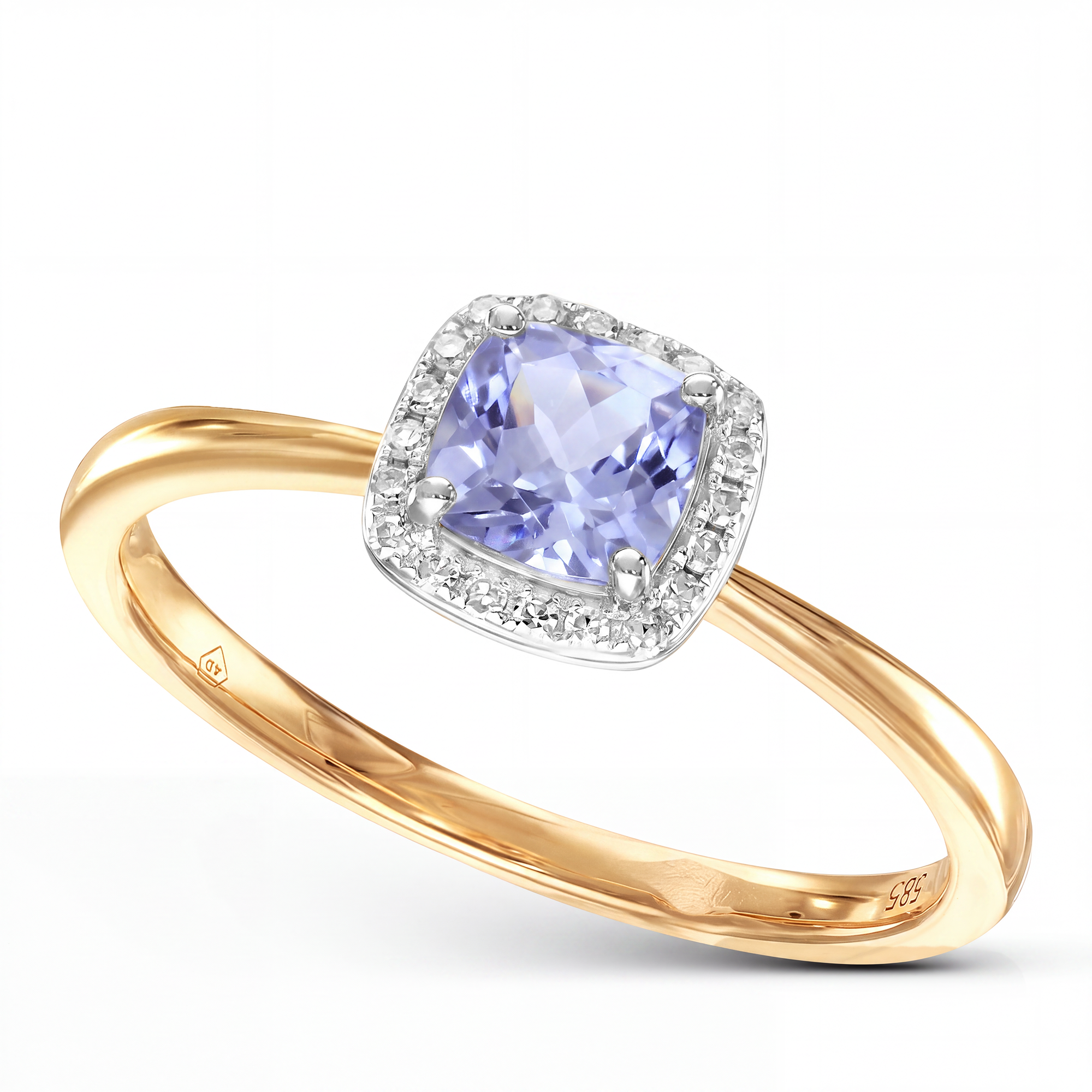 Pierścionek złoty z tanzanitem 0.62 ct i diamentami naturalnymi 0.06 ct, próba 585