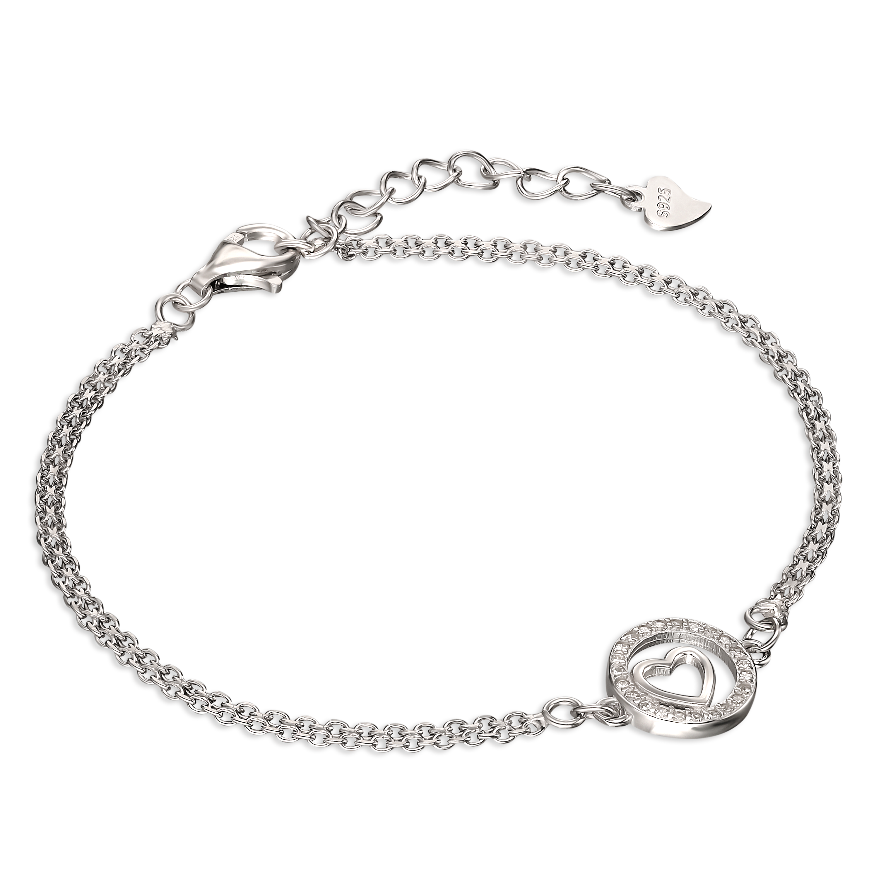 Bransoletka srebrna z serduszkiem wpisanym w kółeczko z cyrkoniami, próba 925