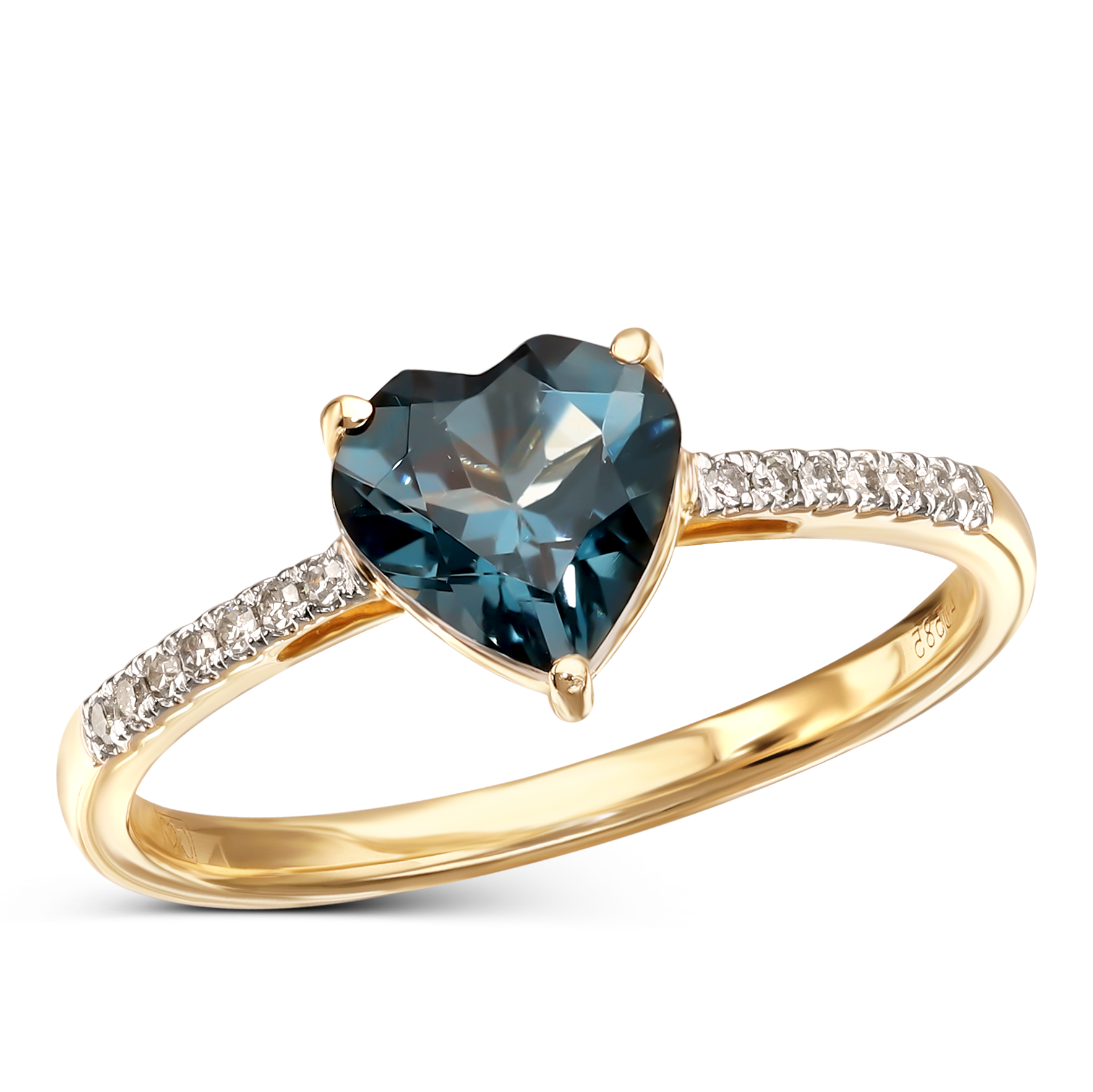 Pierścionek złoty z topazem London Blue i diamentami naturalnymi 0.07 ct, próba 585