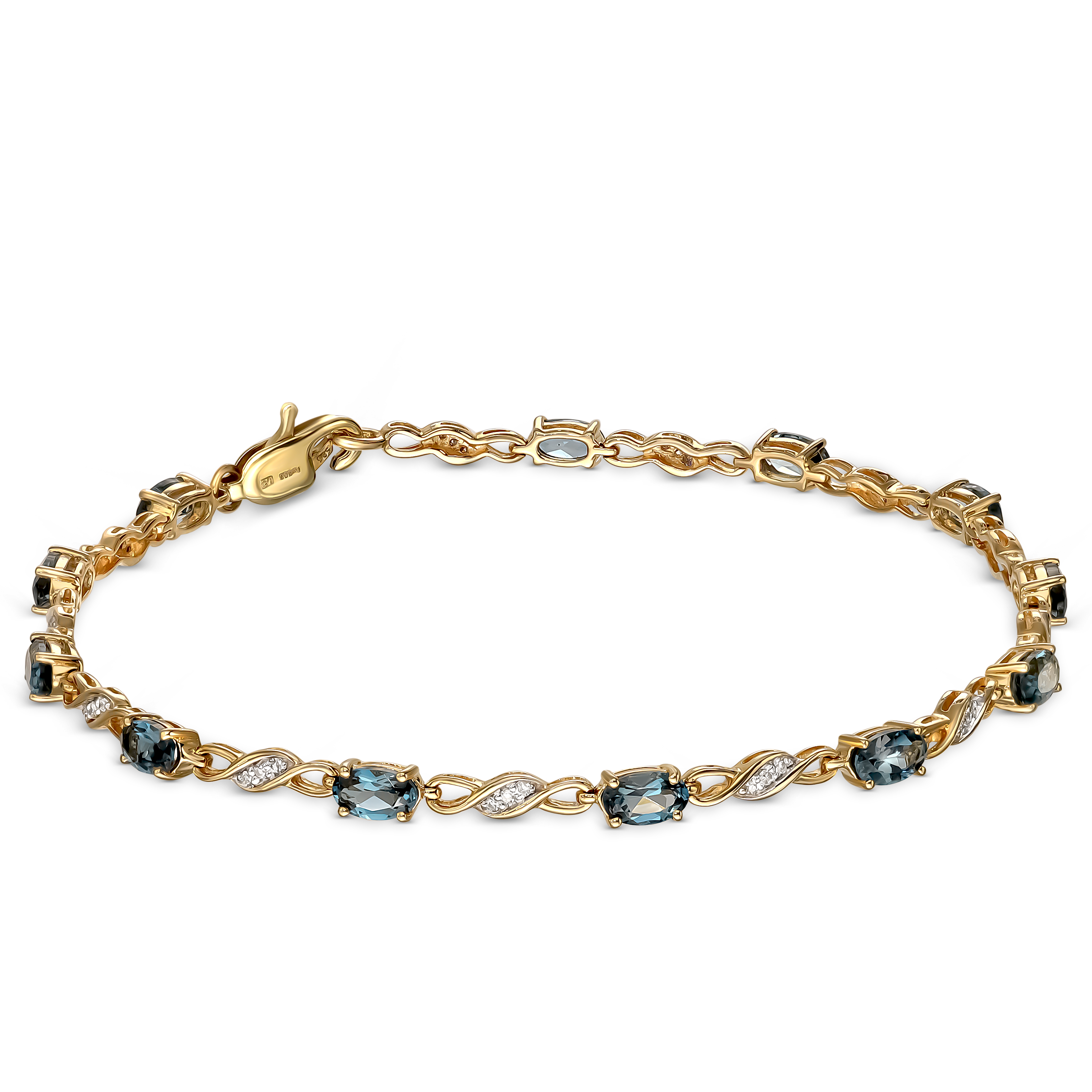 Złota bransoleta z owalnymi London Blue topazami i diamentami naturalnymi, próba 585