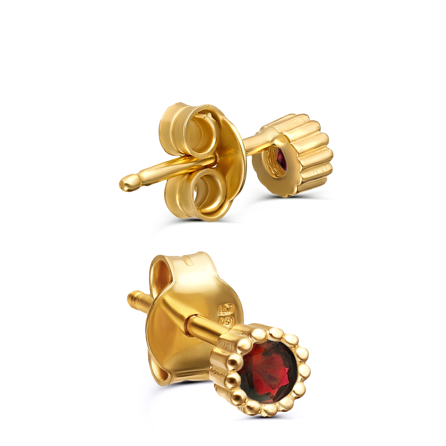 Kolczyki złote małe okrągłe sztyfty z czerwonymi cyrkoniami, pr. 585