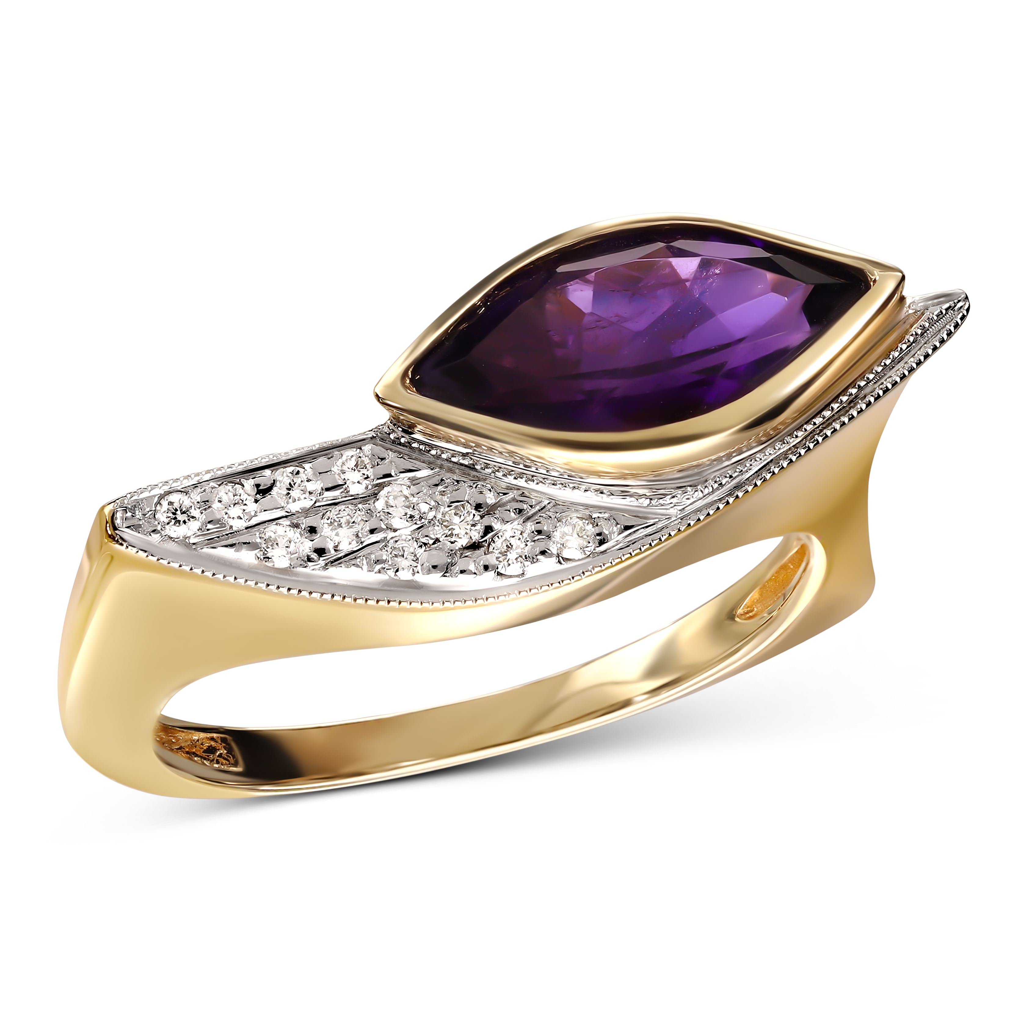 Pierścionek złoty z ametystem 1.51 ct i diamentami naturalnymi, próba 585