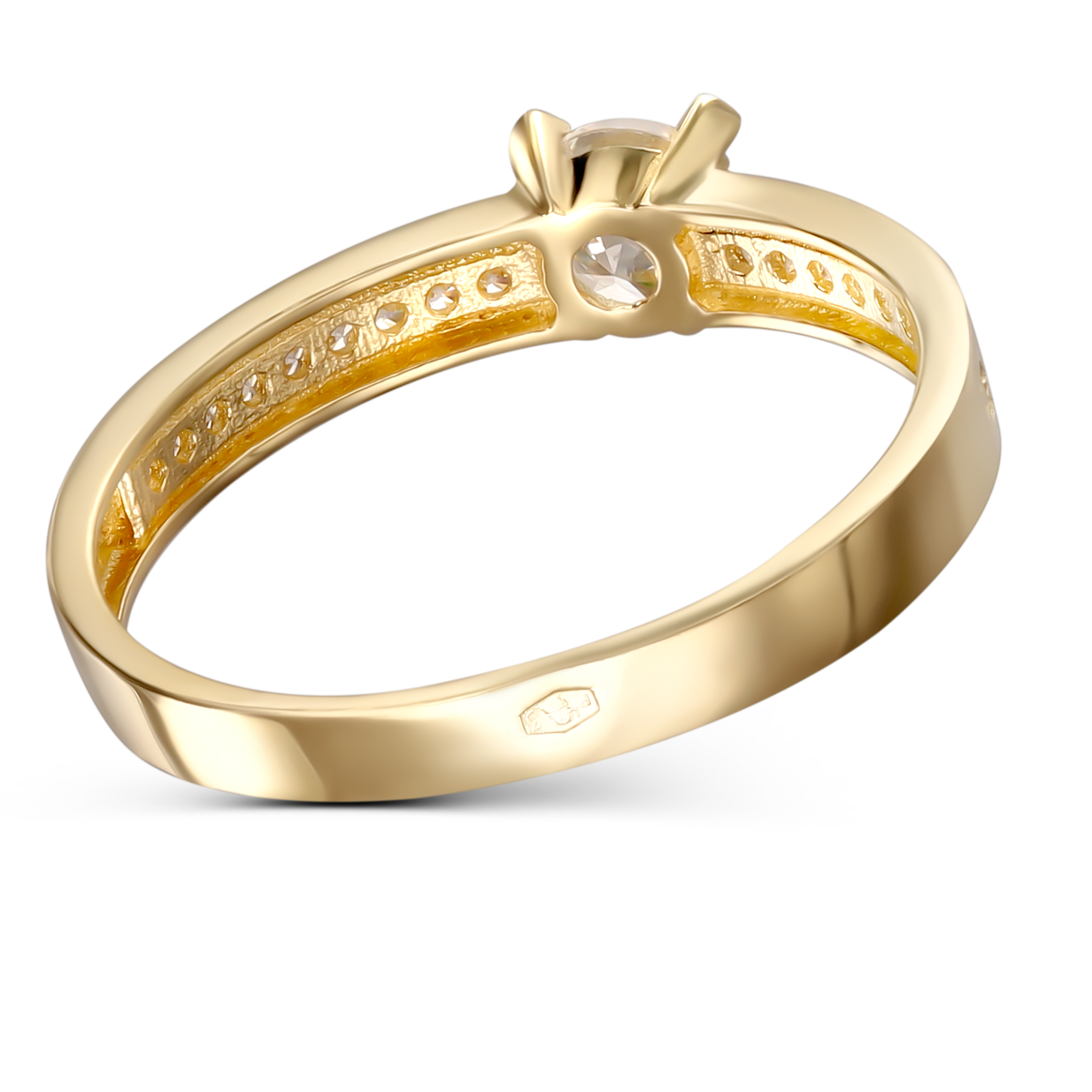 Pierścionek złoty z cyrkoniami w koronie i obrączce, rozmiar 15, próba 585