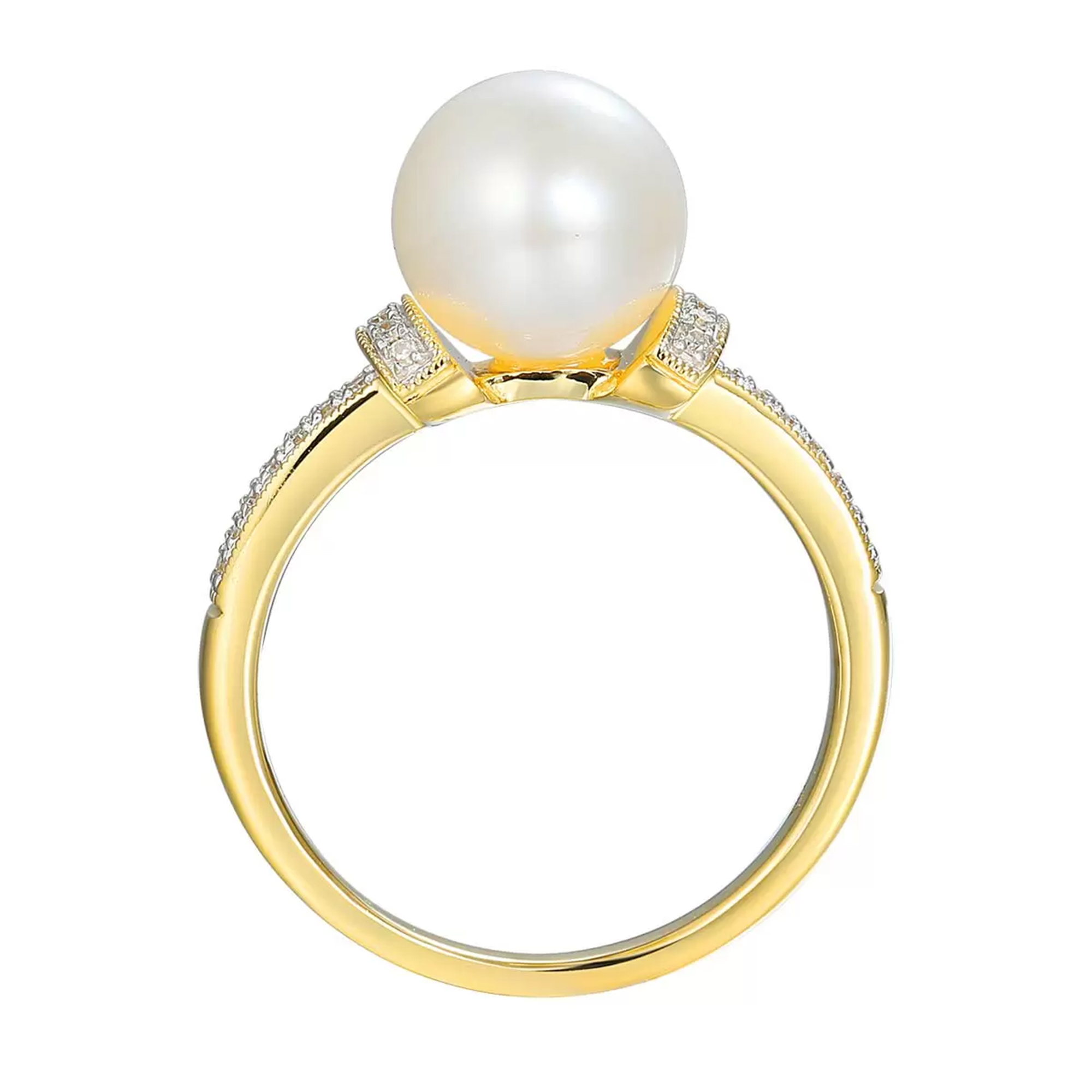Pierścionek złoty z perłą hodowaną i diamentami naturalnymi, próba 585