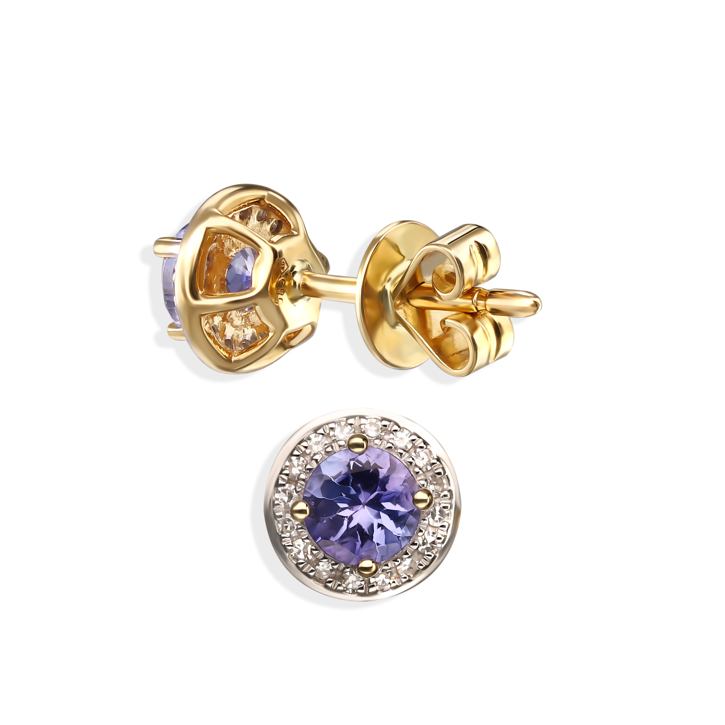 Kolczyki złote z okrągłymi tanzanitami i diamentami, próba 585
