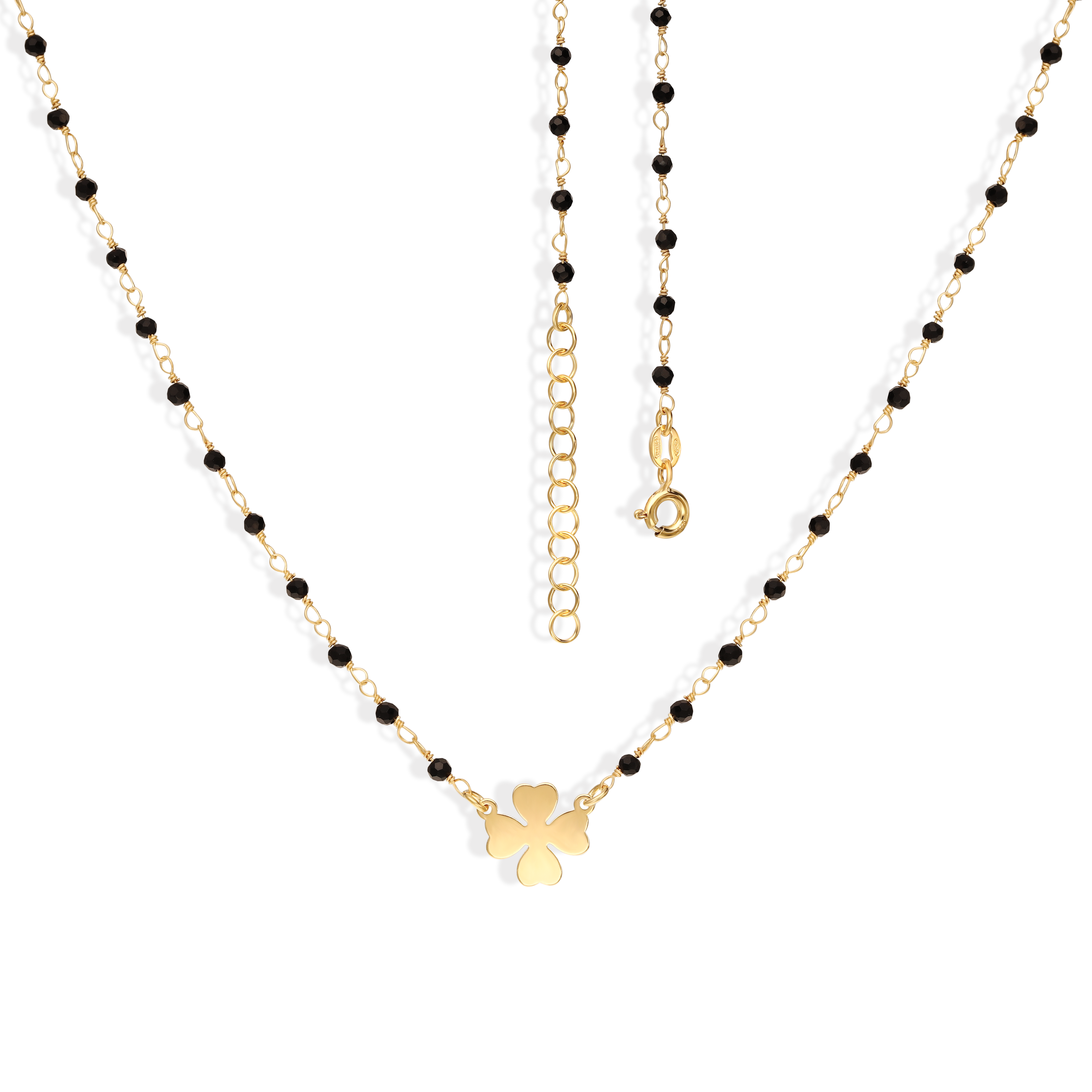 Naszyjnik srebrny pozłacany z czarnymi koralikami i koniczynką, próba 925