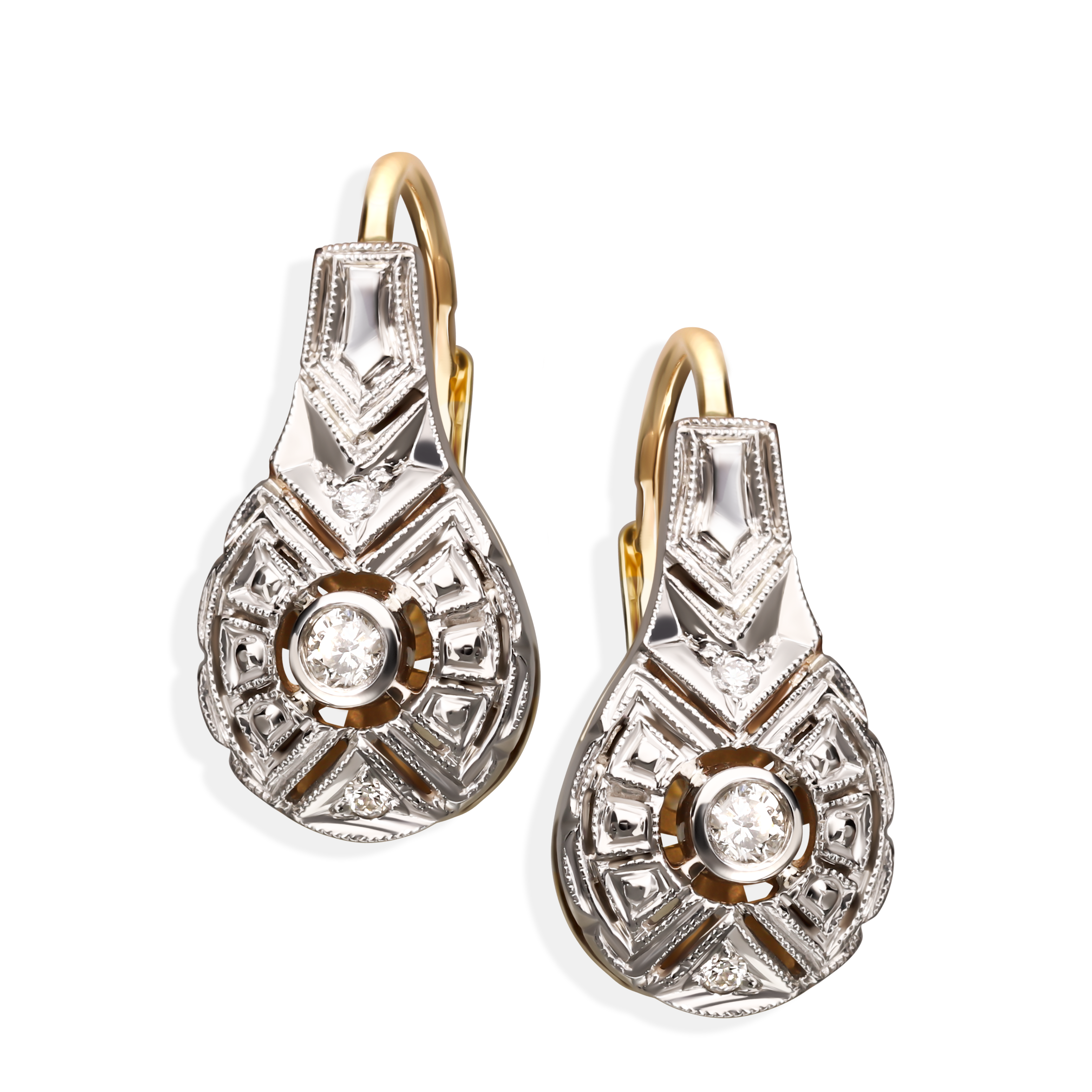 Kolczyki z białego i żółtego złota z diamentami naturalnymi 0.17 ct, próba 585