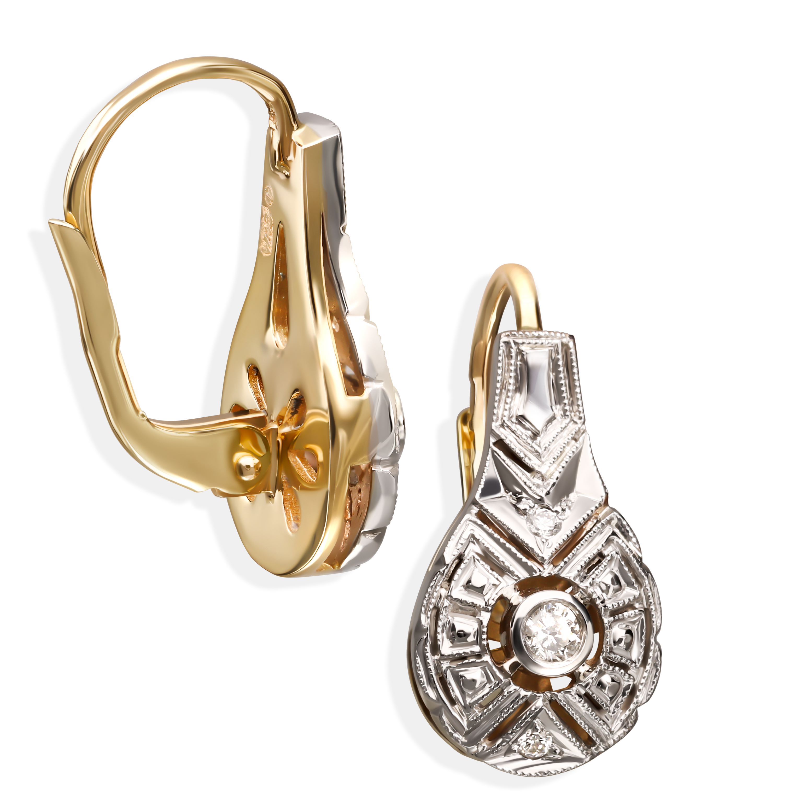 Kolczyki z białego i żółtego złota z diamentami naturalnymi 0.17 ct, próba 585