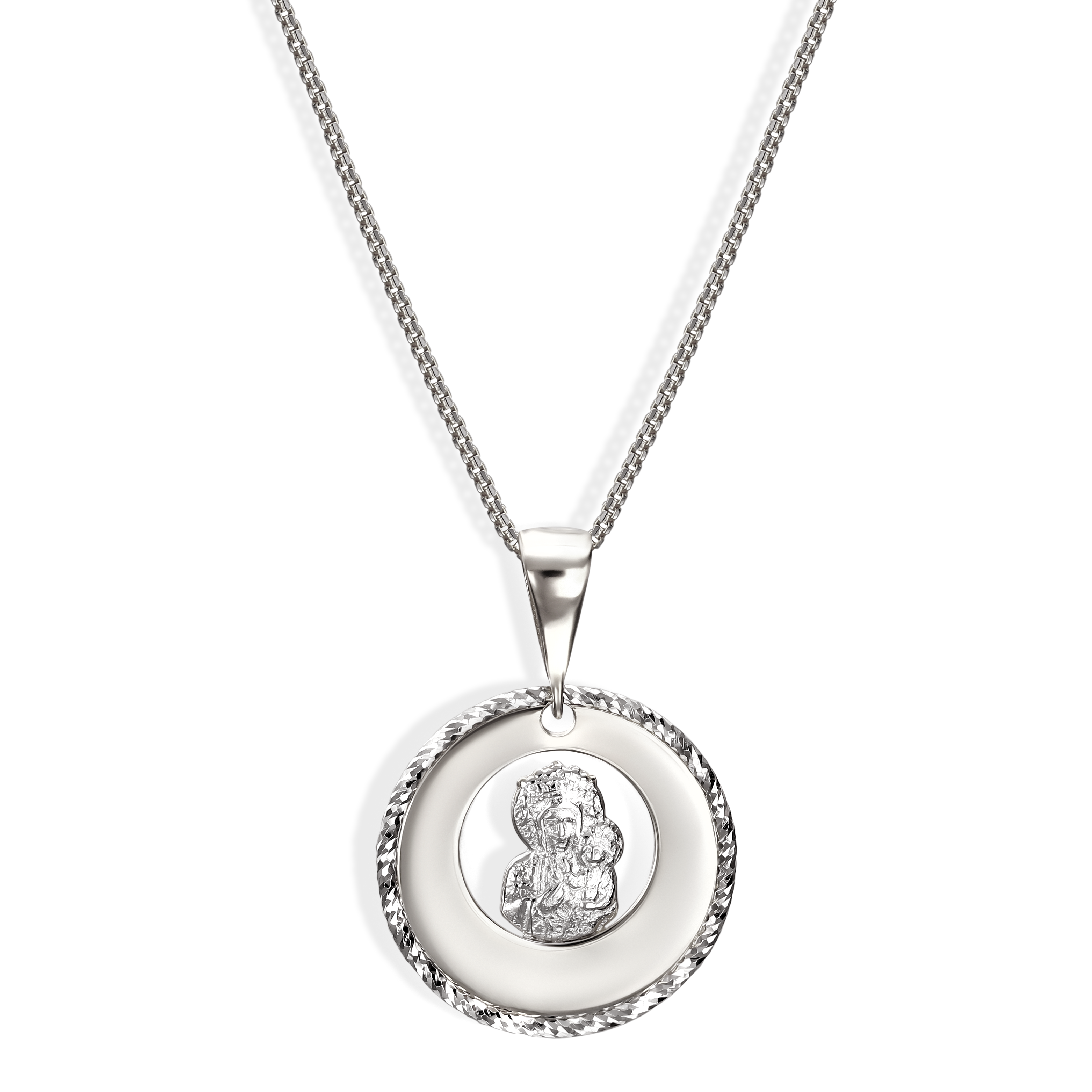 Złoty medalik okrągły z Matką Boską Częstochowską, białe złoto, próba 585