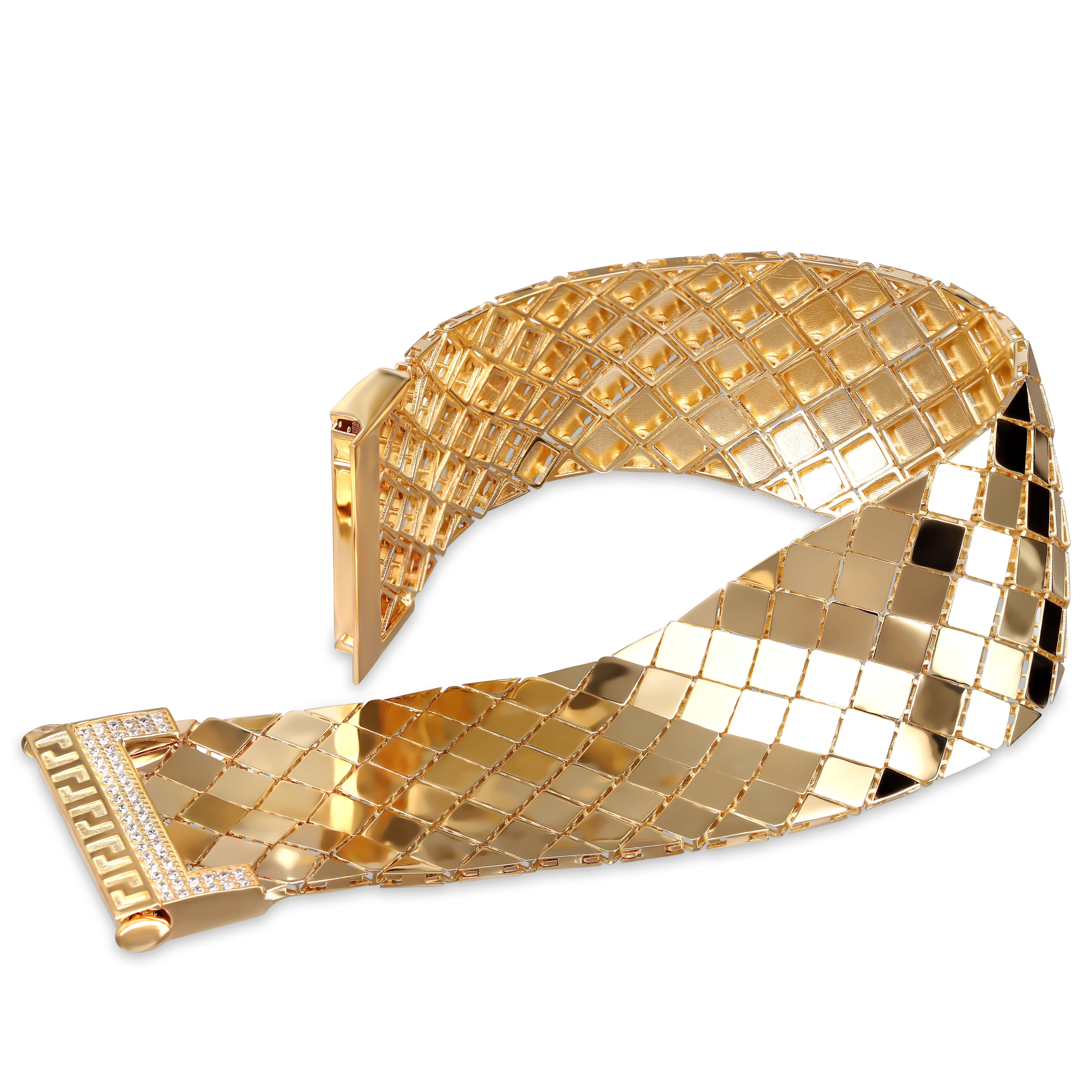 Unikatowa złota szeroka bransoleta z cyrkoniami, próba 585