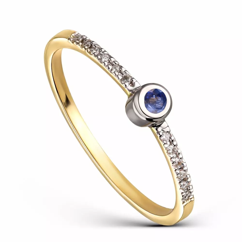 Delikatny pierścionek złoty z szafirem i diamentami naturalnymi, rozmiar 13, pr. 585