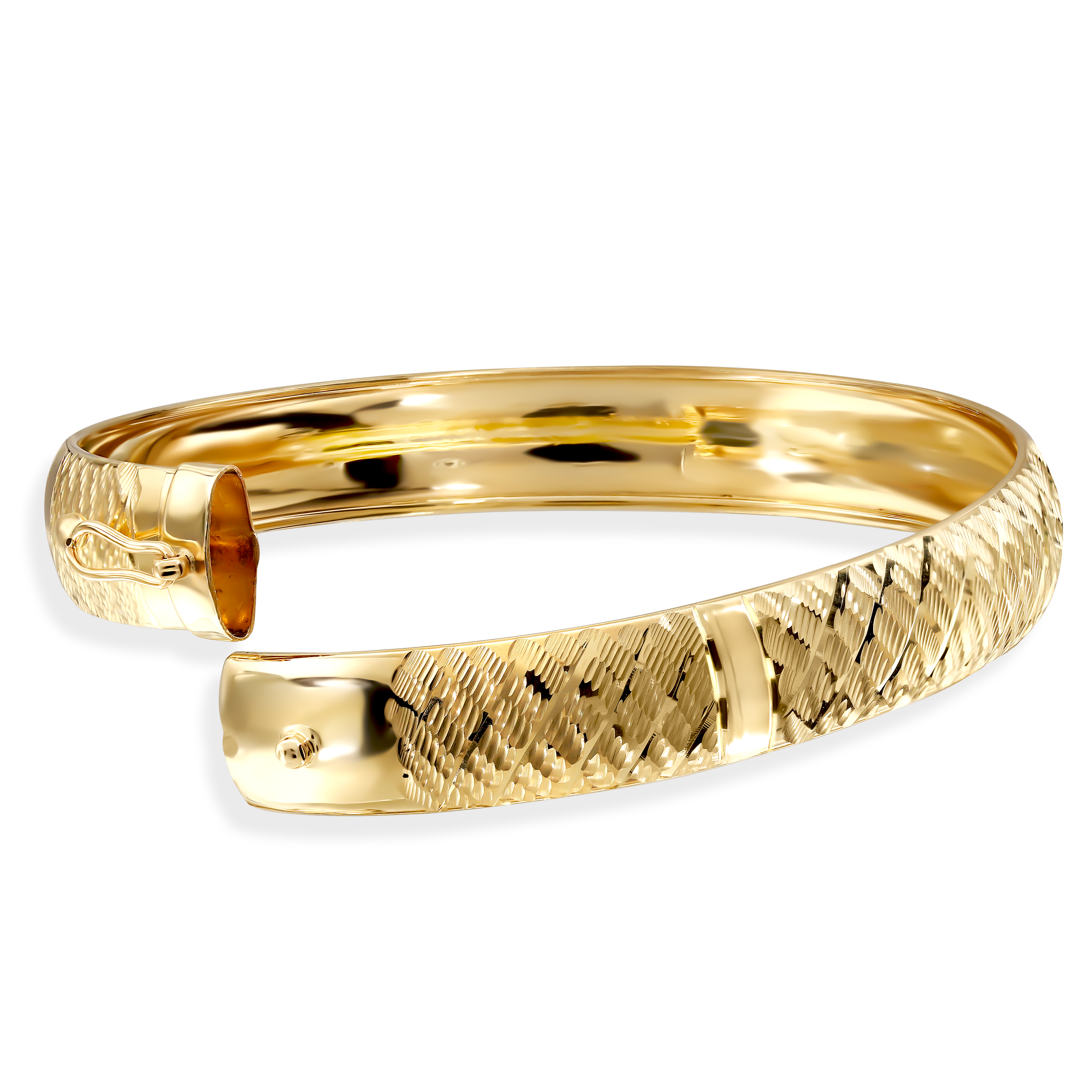 Złota bransoleta typu bangle szeroka z ozdobnym szlifowaniem, próba 585