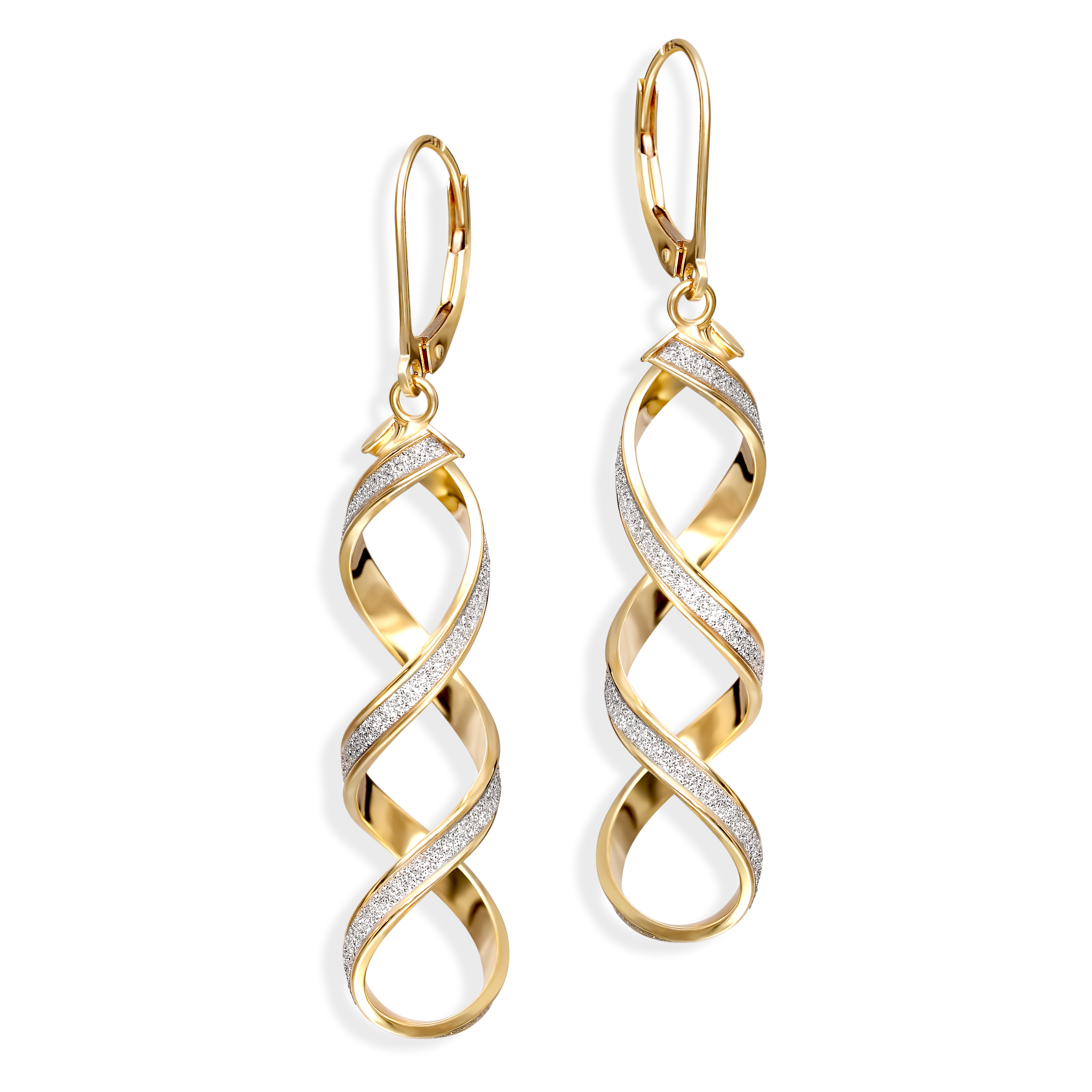 Kolczyki złote spirale z ozdobnym rodowaniem na francuskim zapięciu, próba 585