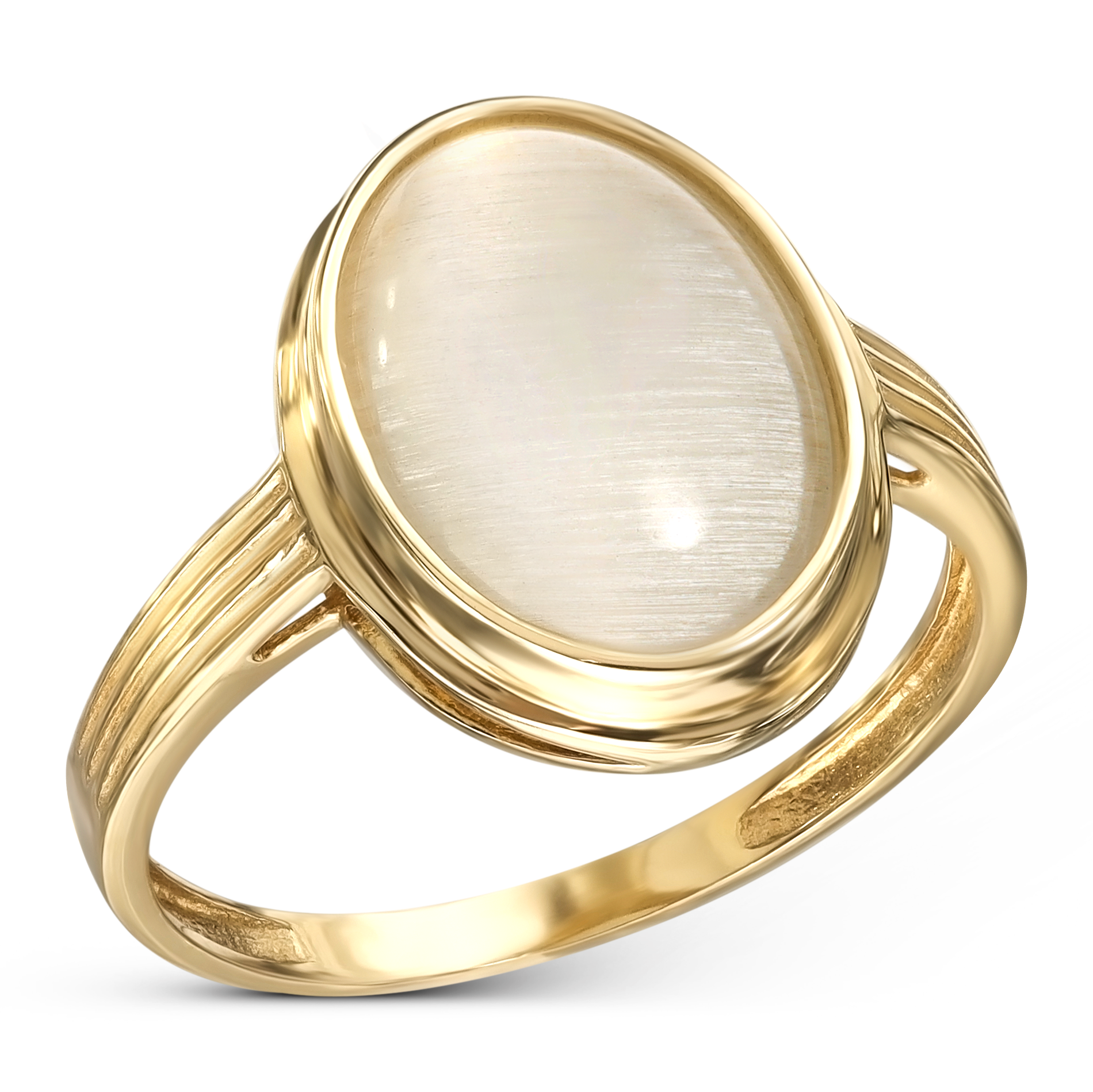 Pierścionek złoty z owalnym białym uleksytem naturalnym, próba 585