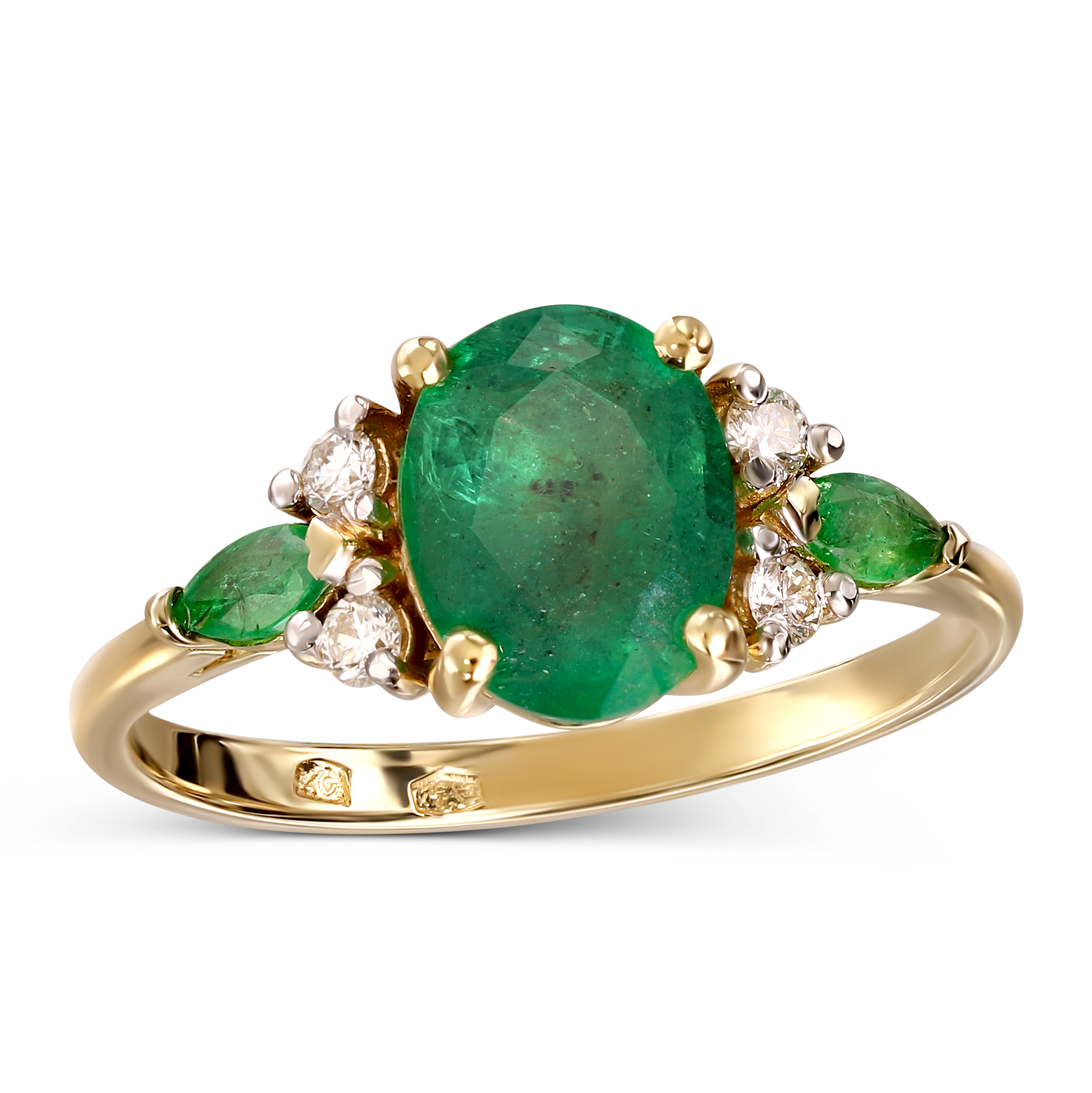 Pierścionek złoty vintage ze szamragdem i diamentami naturalnymi, próba 585