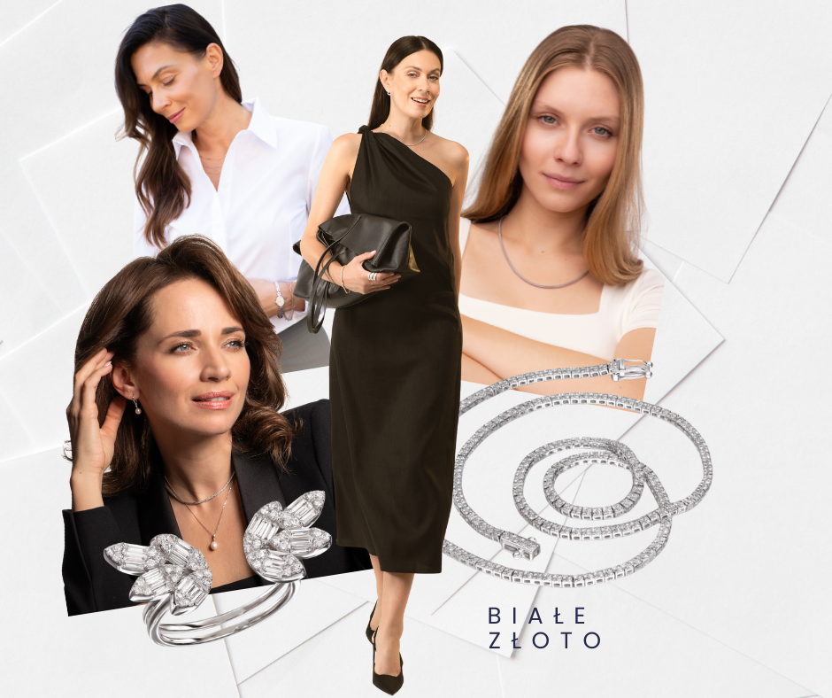 Kolaż modelek z biżuterią z białego złota z brylantami