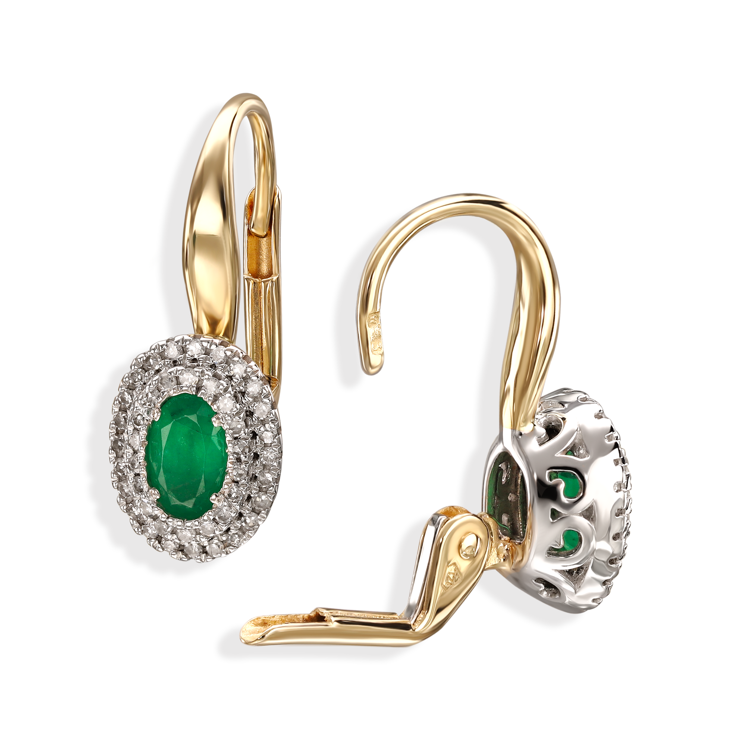 Kolczyki złote na francuskim zapięciu ze szmaragdami i diamentami naturalnymi 0.17 ct, próba 585