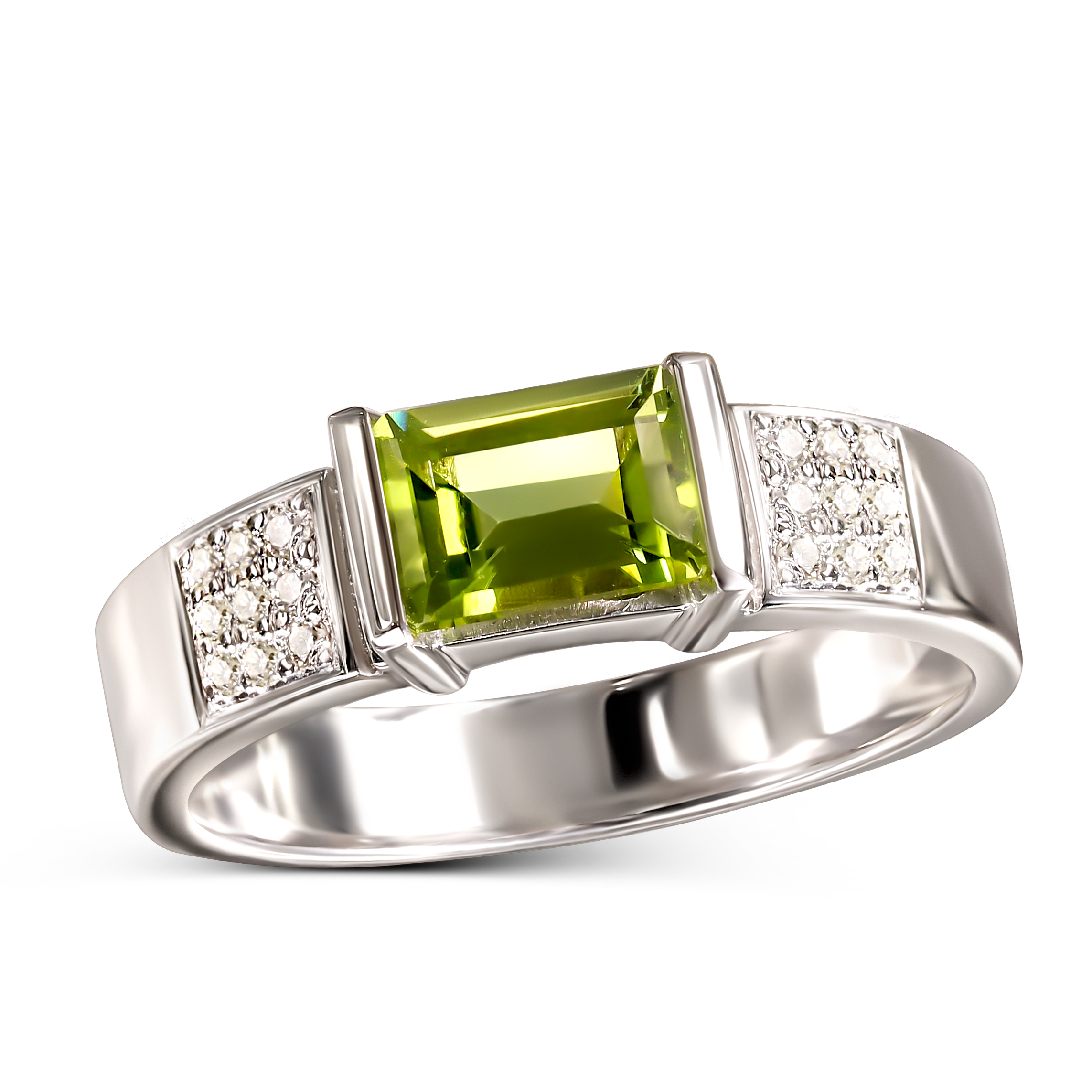 Pierścionek z białego złota vintage z oliwinem 1.01 ct i diamentami naturalnymi, próba 585