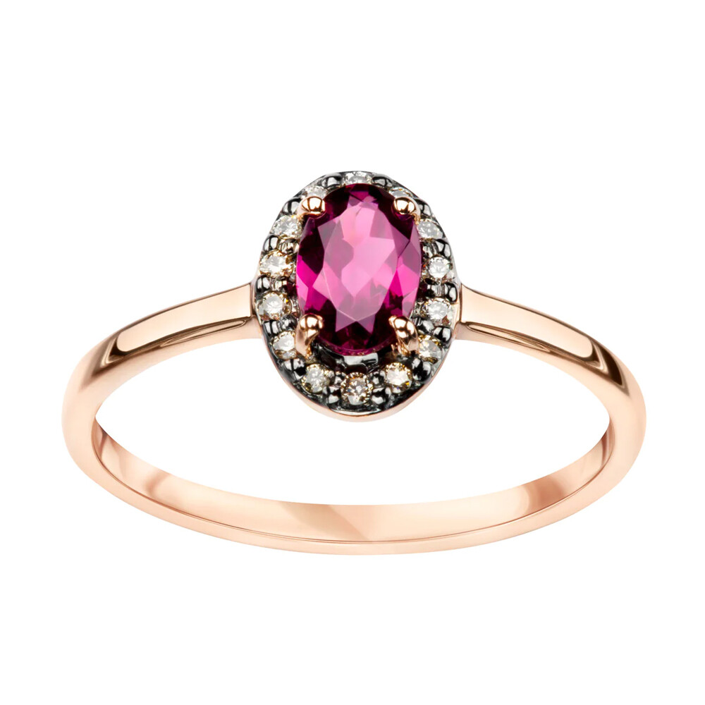 Pierścionek z różowego złota z rodolitem i diamentami naturalnymi, próba 585