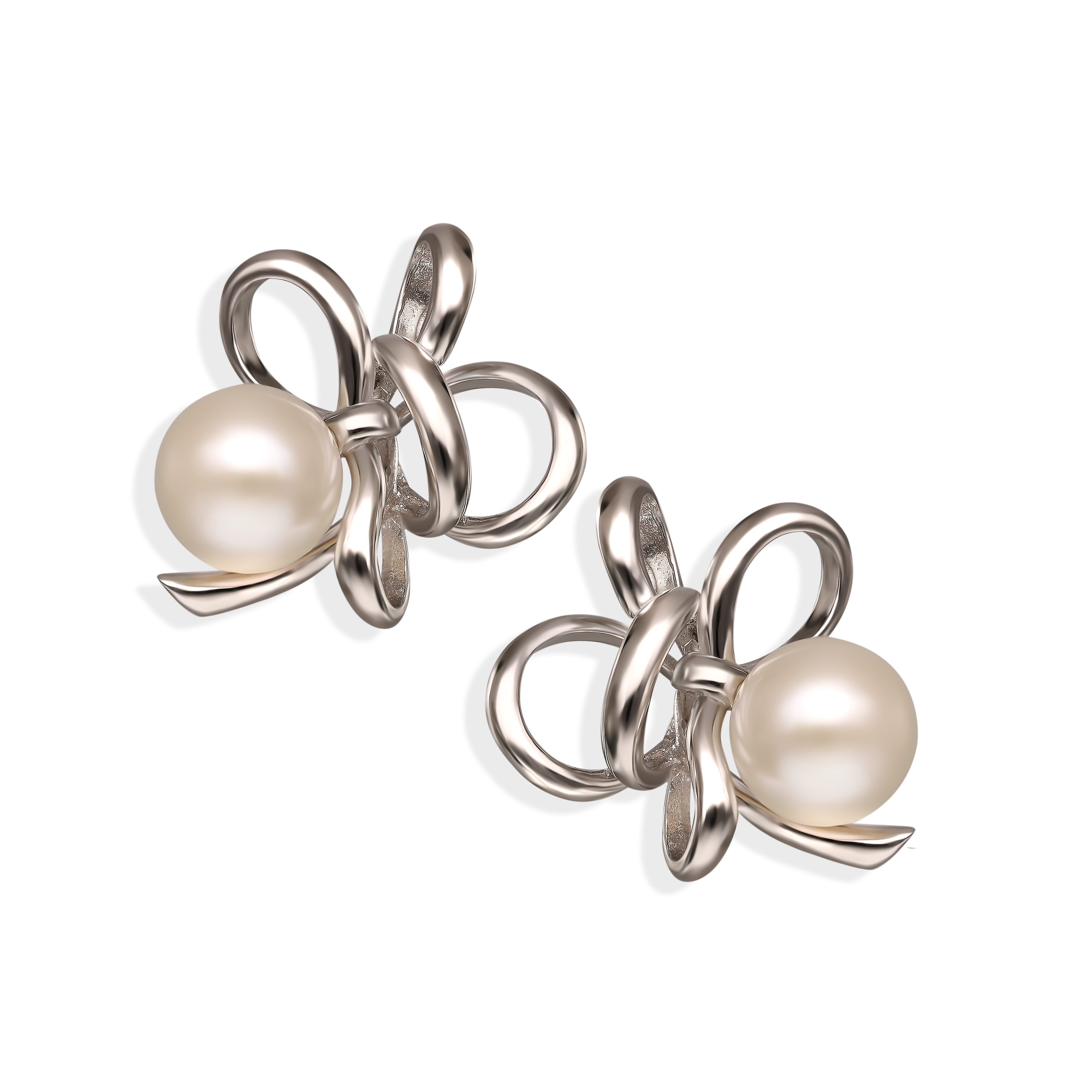 Kolczyki srebrne kokardy z perłami na sztyfcie, próba 925