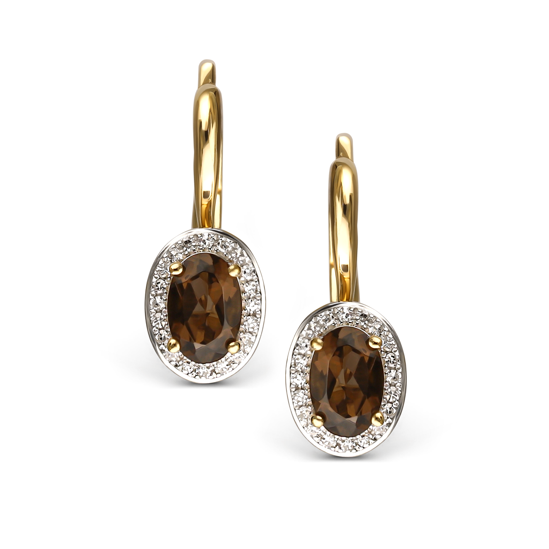 Kolczyki złote z kwarcem dymnym i diamentami naturalnymi, próba 585