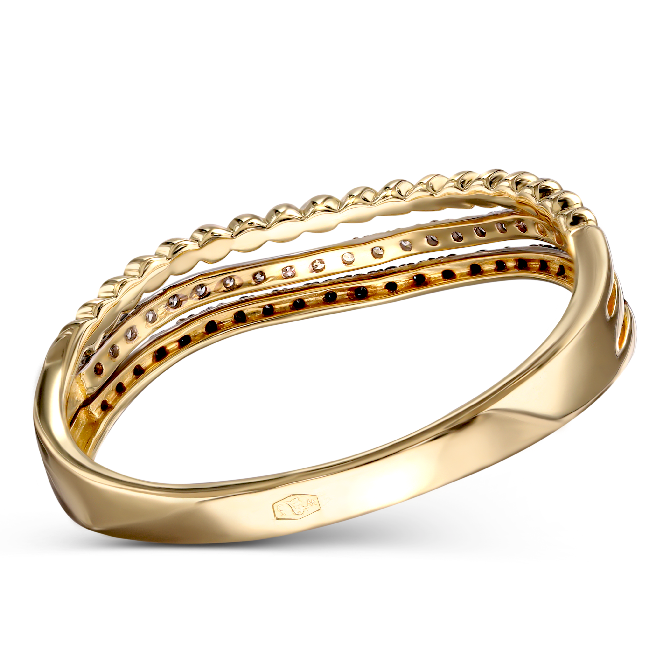 Pierścionek złoty obrączkowy z dwukolorowymi diamentami naturalnymi 0.2 ct, próba 585