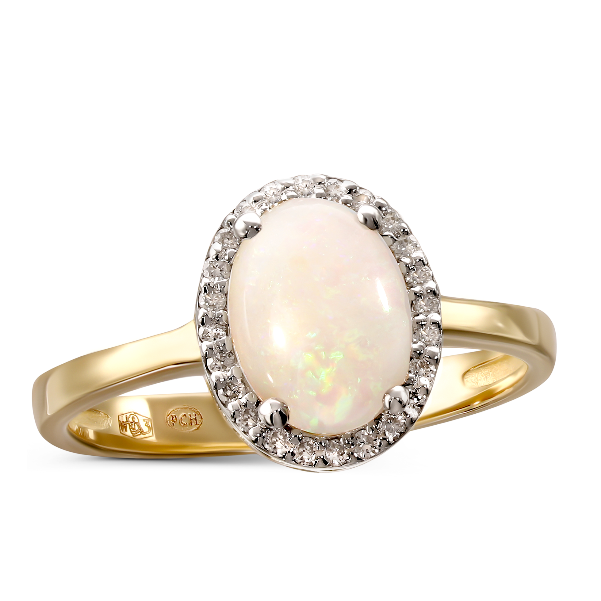 Pierścionek złoty z opalem i diamentami naturalnymi 0.15 ct, rozmiar 16, próba 585