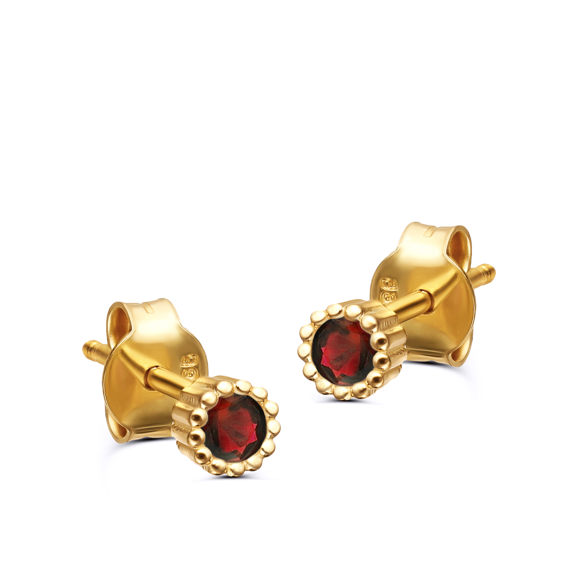 Kolczyki złote małe okrągłe sztyfty z czerwonymi cyrkoniami, pr. 585