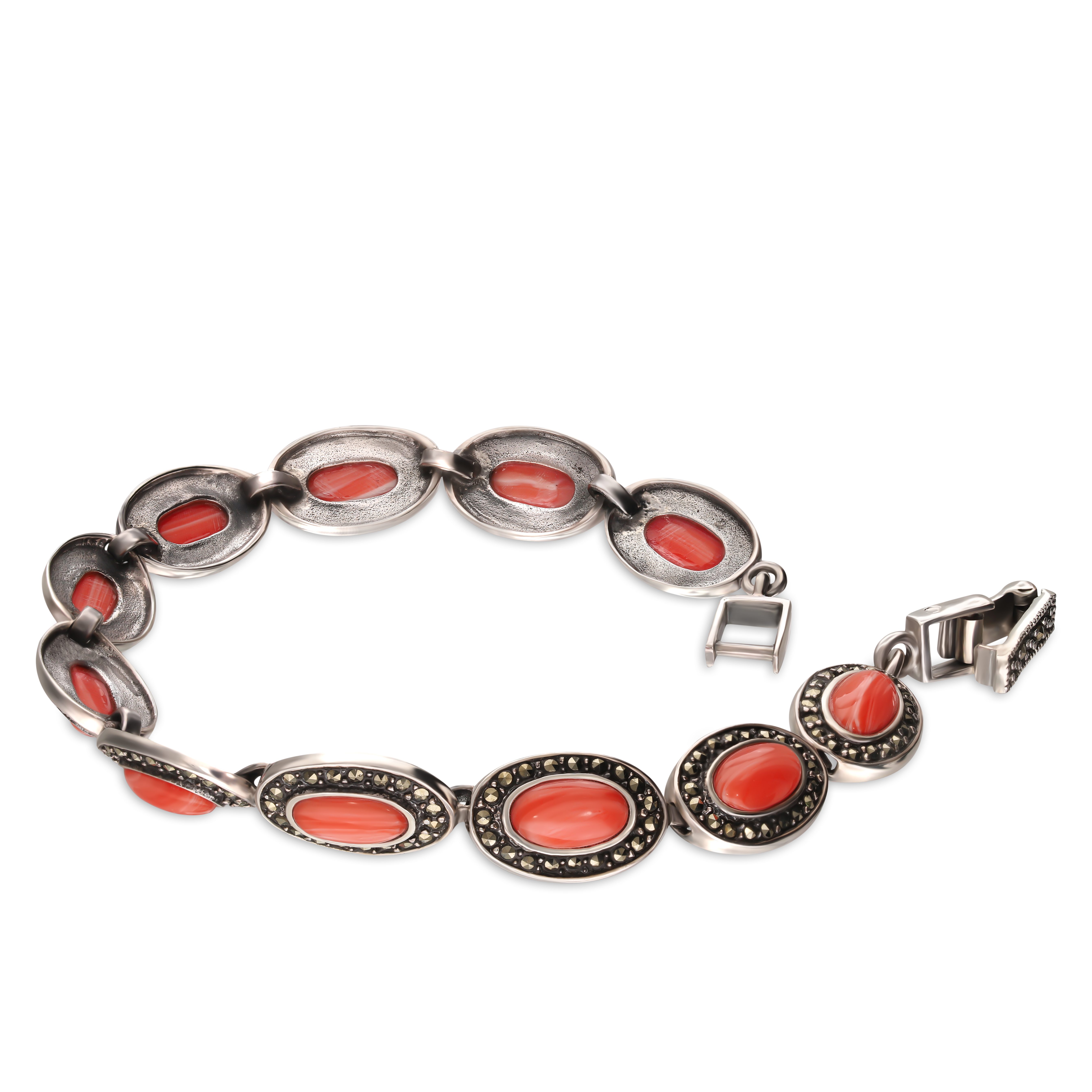 Srebrna bransoleta z koralami i markazytami, próba 925