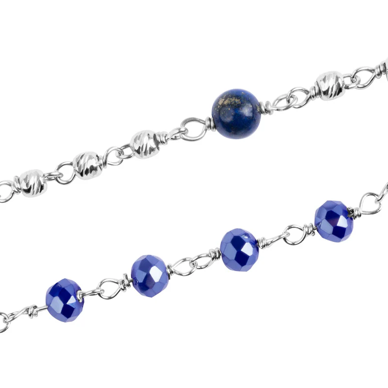 Bransoletka srebrna z granatowymi szkiełkami i lapis lazuli, próba 925
