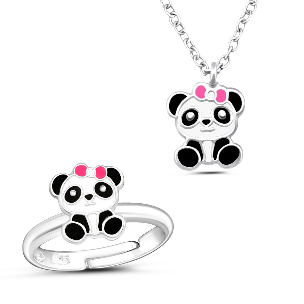Komplet srebrny naszyjnik i pierścionek panda dla dziewczynki, próba 925